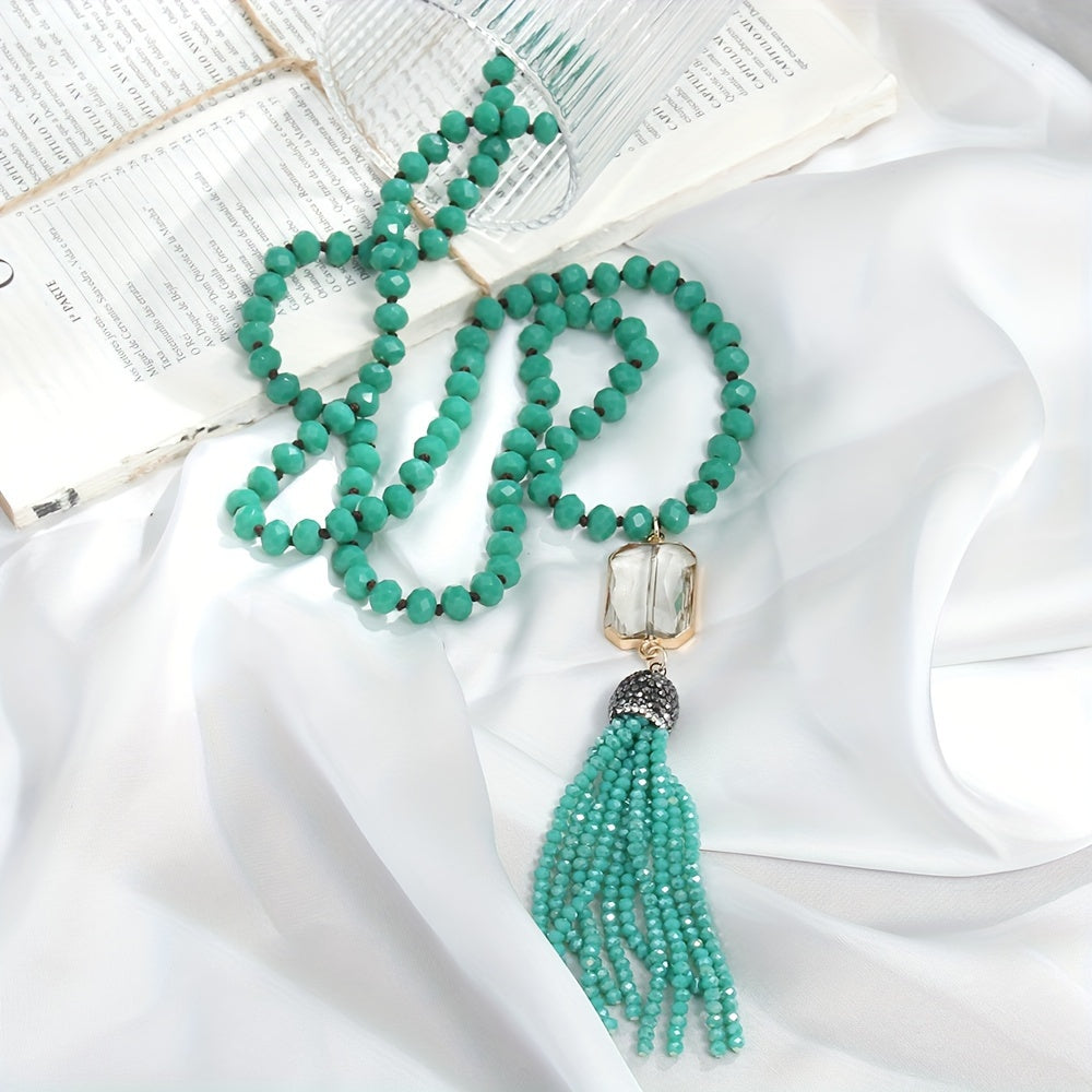 Boho Chic Glass Bead Necklace with Tassel for Women Spring Knotted Design