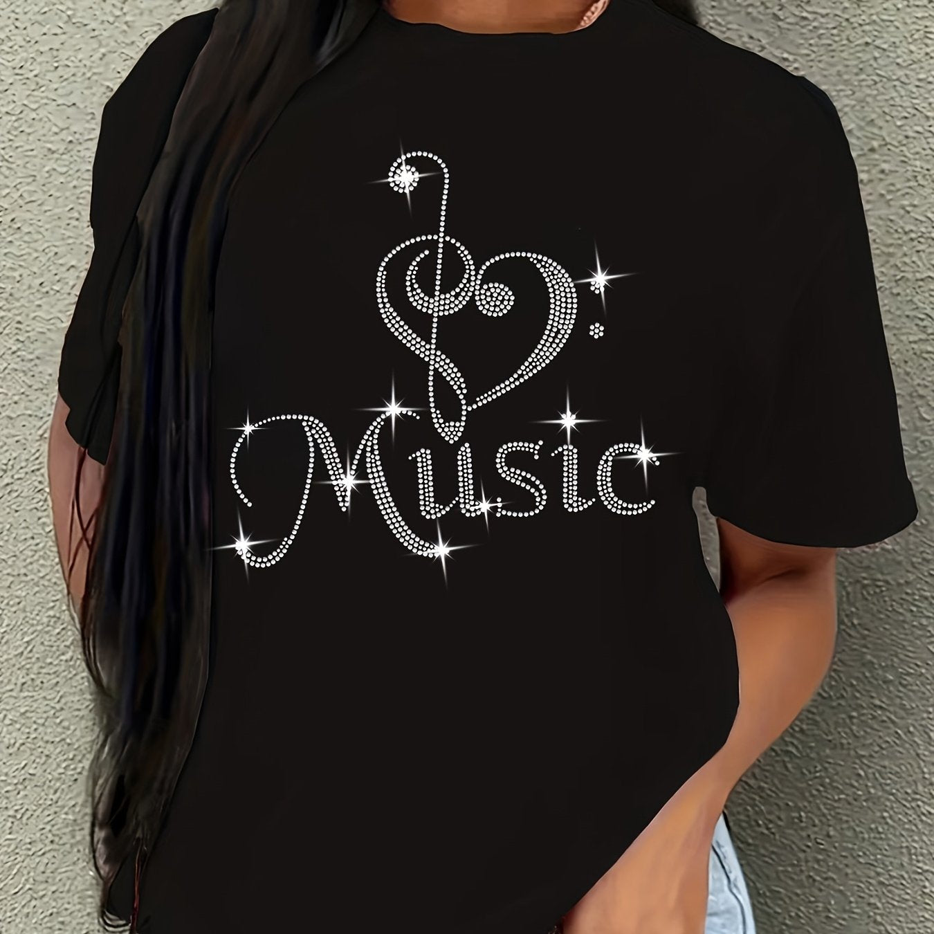 Women's Large Short Sleeve T-Shirt with Diamond Stitching and Rhinestones