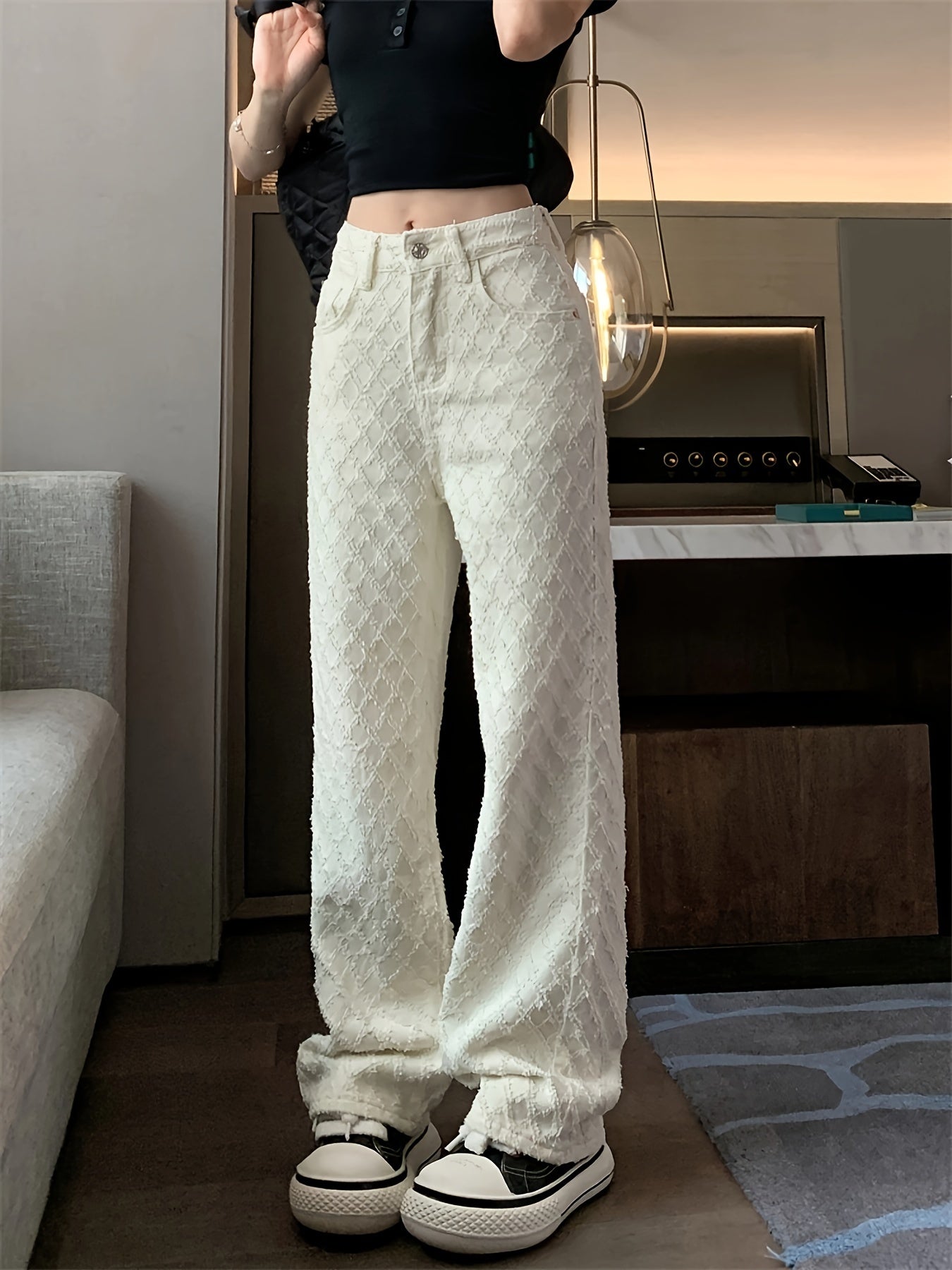 Women's Beige Textured Fabric Straight Leg Jeans with Slash Pockets