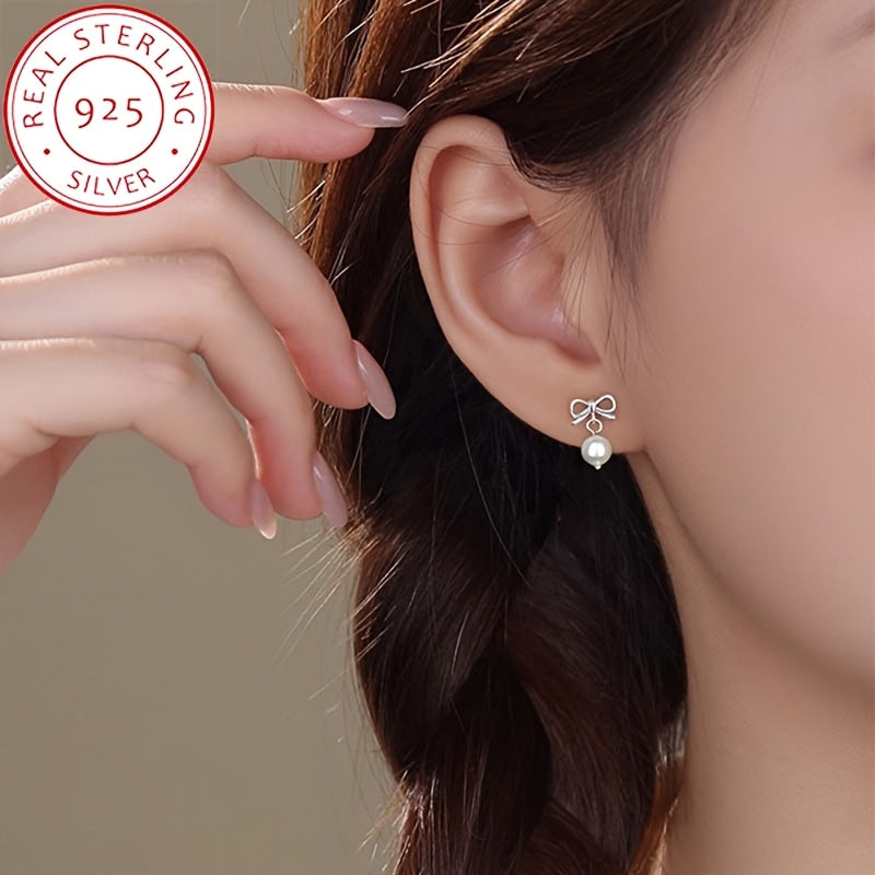 Sterling Silver Bowknot Faux Pearl Stud Earrings for Women