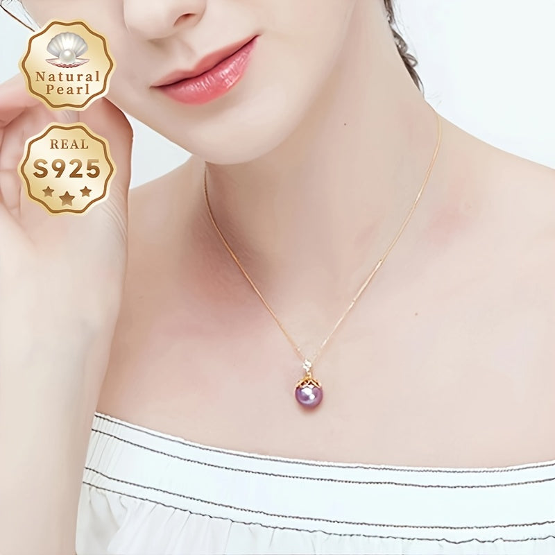 Freshwater Pearl Necklace with 11-12mm Purple June Birthstone Pendant and Zirconia Accents on Silver Chain