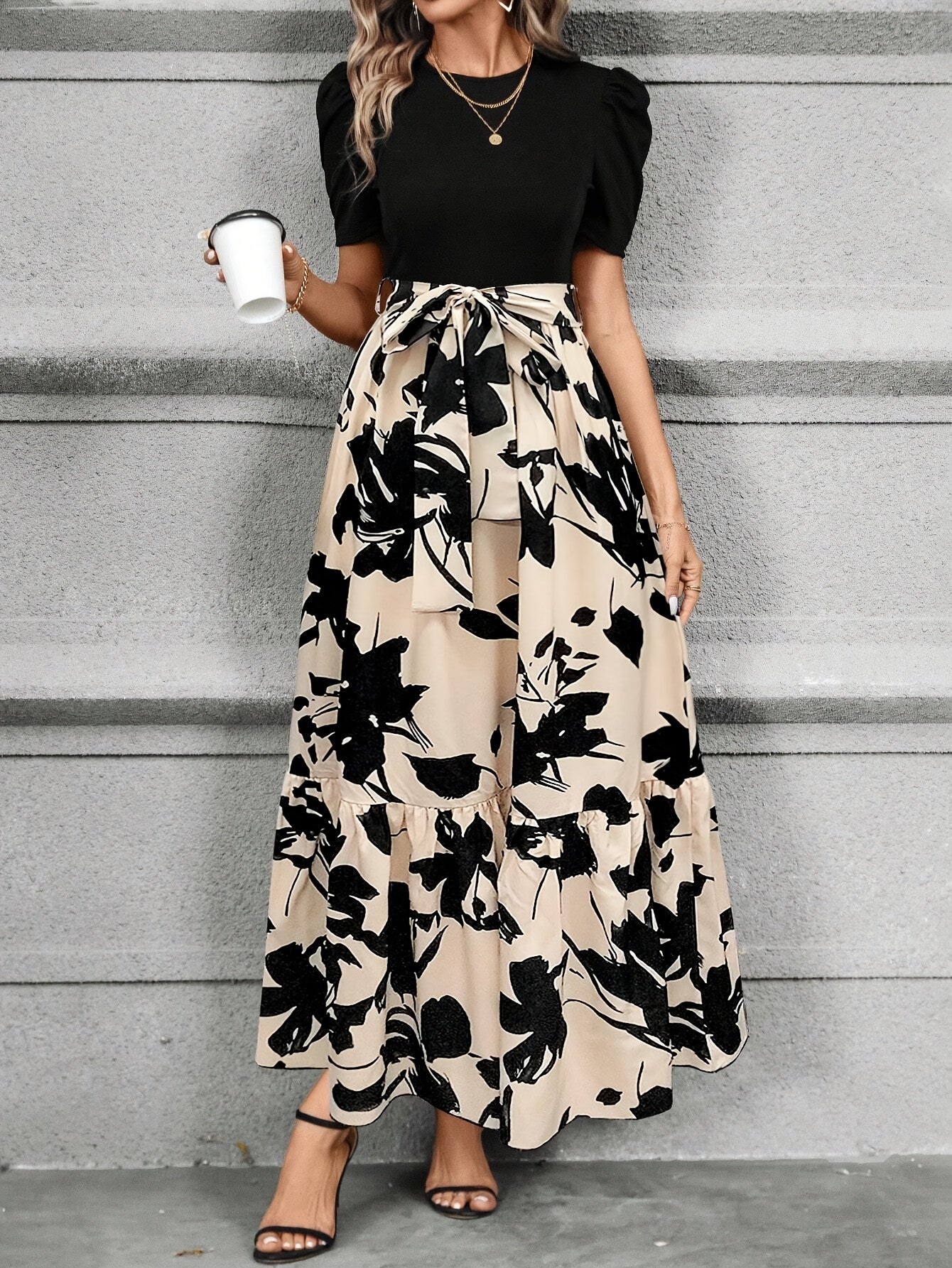 Women's Print Midi Dress with Belt Crew Neck Short Sleeves All-Season Polyester