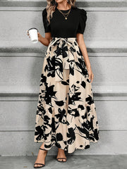 Women's Print Midi Dress with Belt Crew Neck Short Sleeves All-Season Polyester