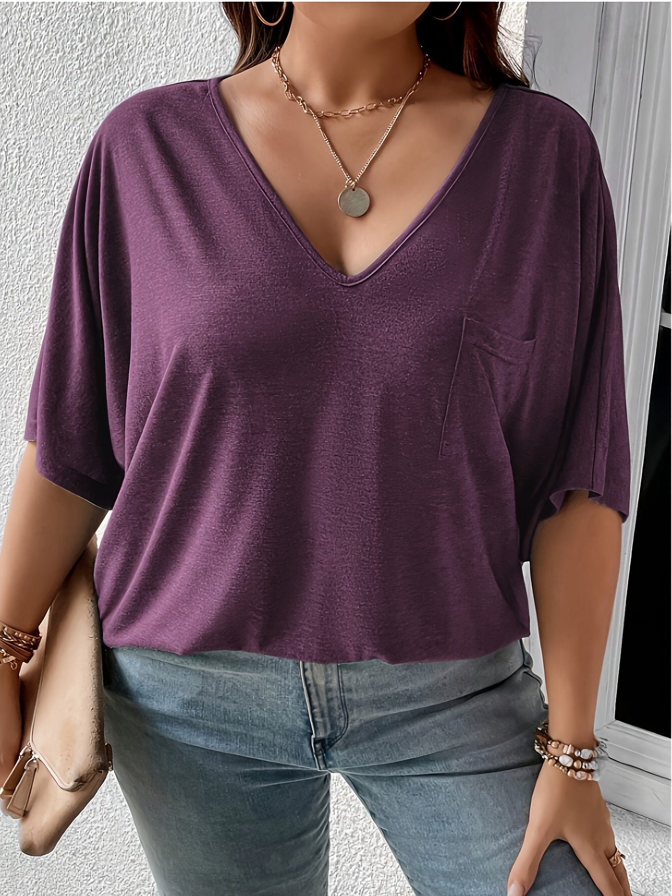 Women's Plus Size Solid V Neck T-Shirt Casual Short Sleeve Top