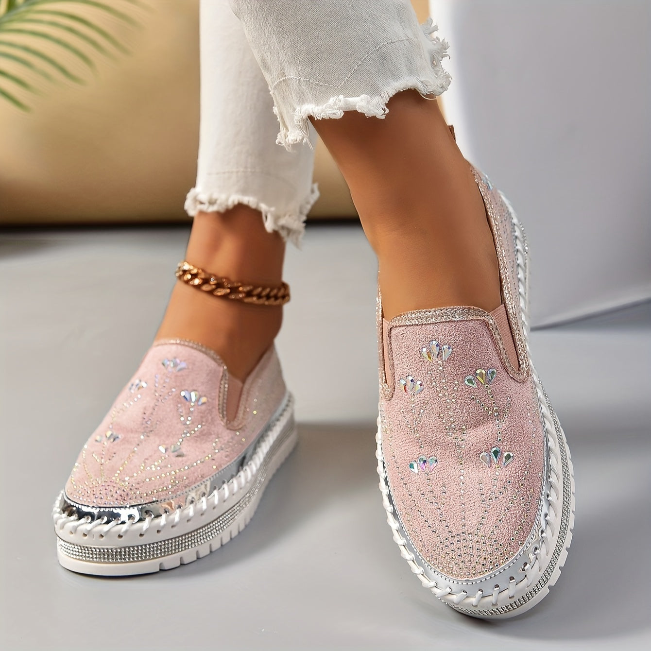 Women's Pink Glitter Slip-On Loafers with Rhinestones and Thick Sole