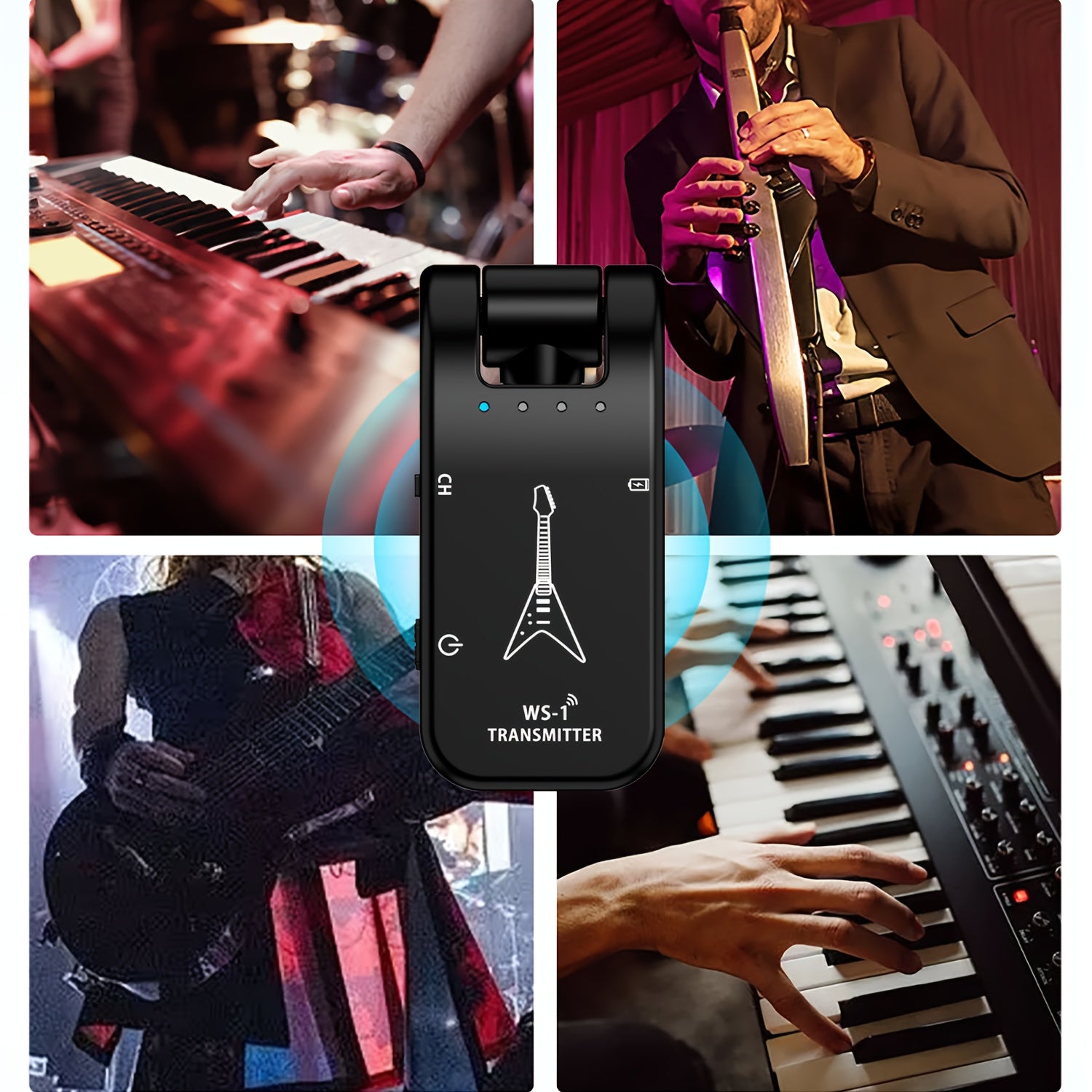 Sistema inalámbrico para guitarra y bajo negro ABS carga USB pantalla LCD