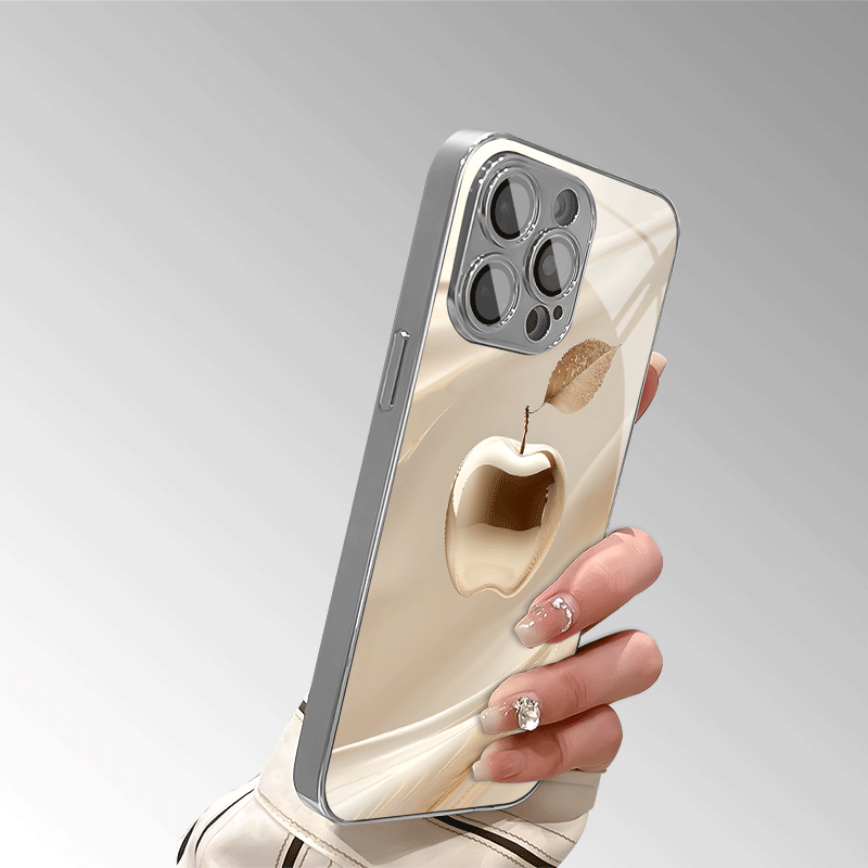 Golden Crystal Apple Pattern Glass Phone Case with Lens Protection for iPhone Models
