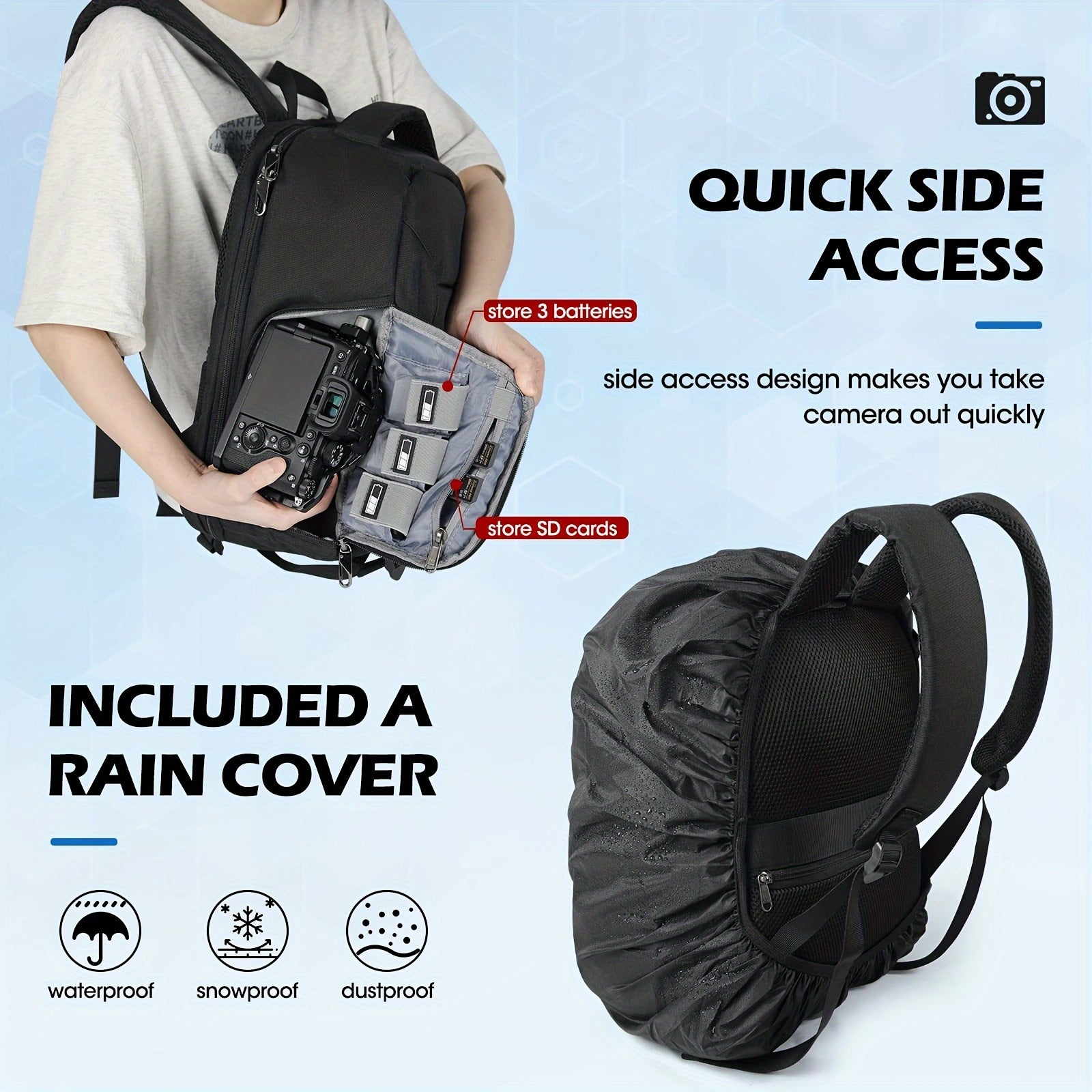 Mochila impermeable para cámaras para hombres y mujeres con compartimento para portátil, cubierta para lluvia, soporte para trípode, anti-robo, gran capacidad, negro