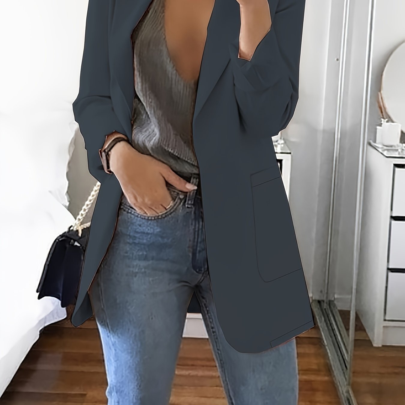 Women's Solid Color Suit with Collar and Slim Fit Cardigan for Spring and Autumn