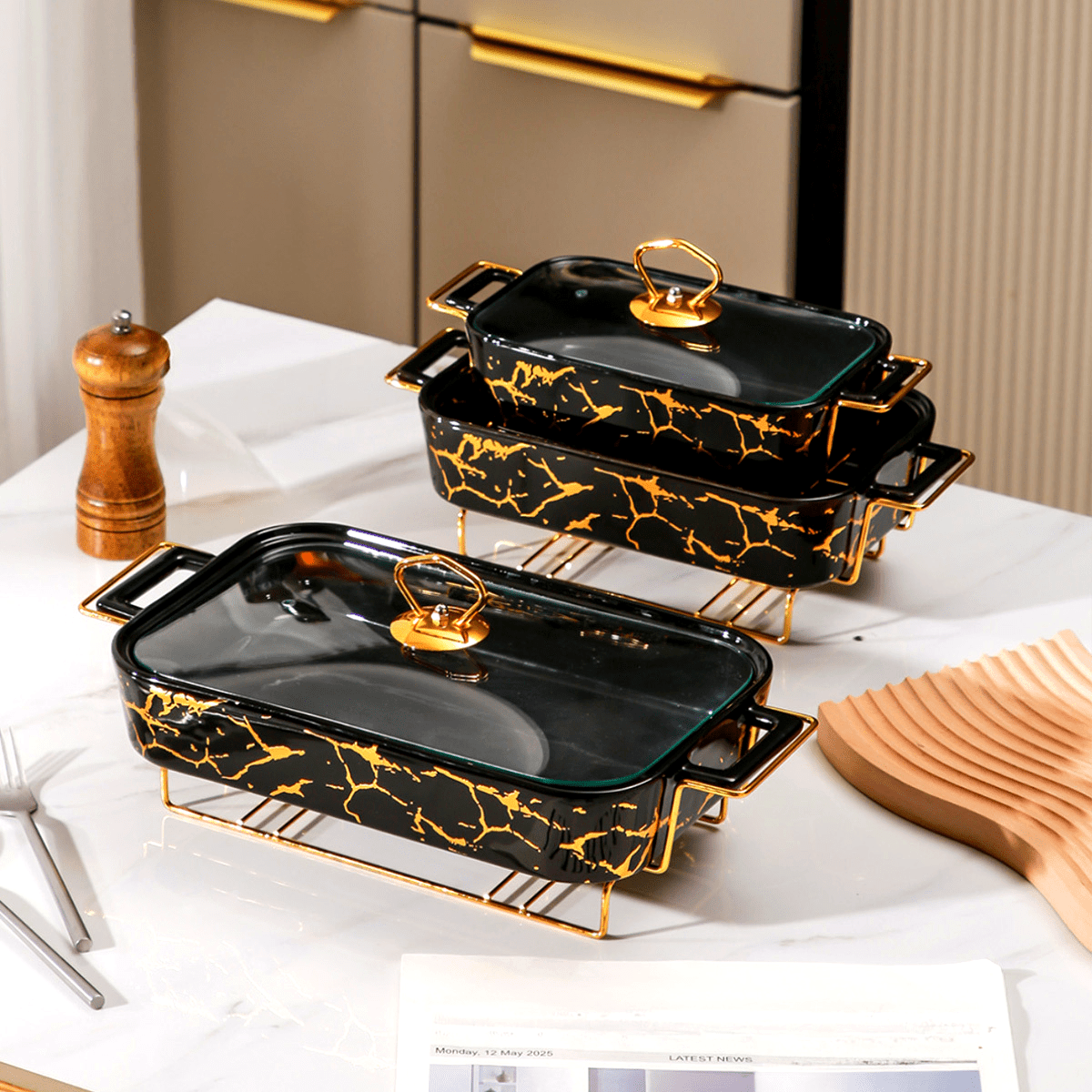 Ceramic Casserole Dish with Lid and Iron Stand for Kitchen, Parties, Restaurants