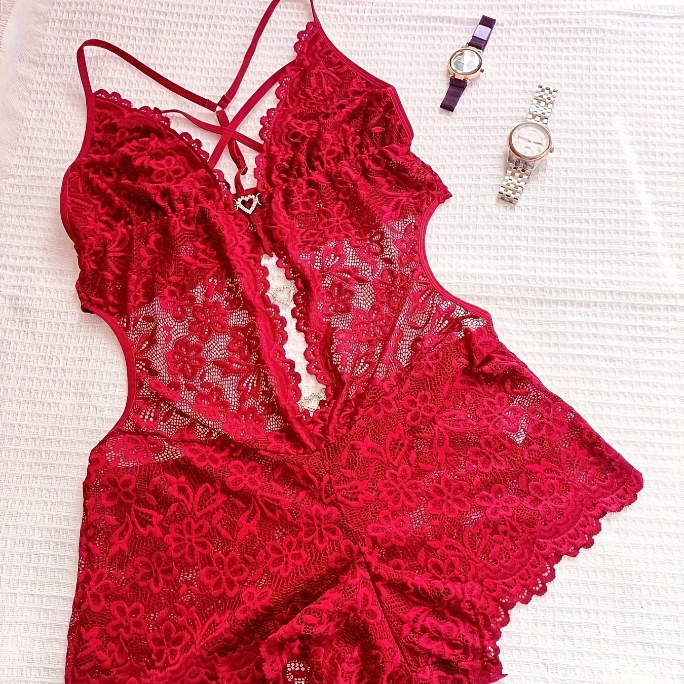 Lingerie Women's Lace Teddy with Heart Decor and Deep V Backless Bodysuit