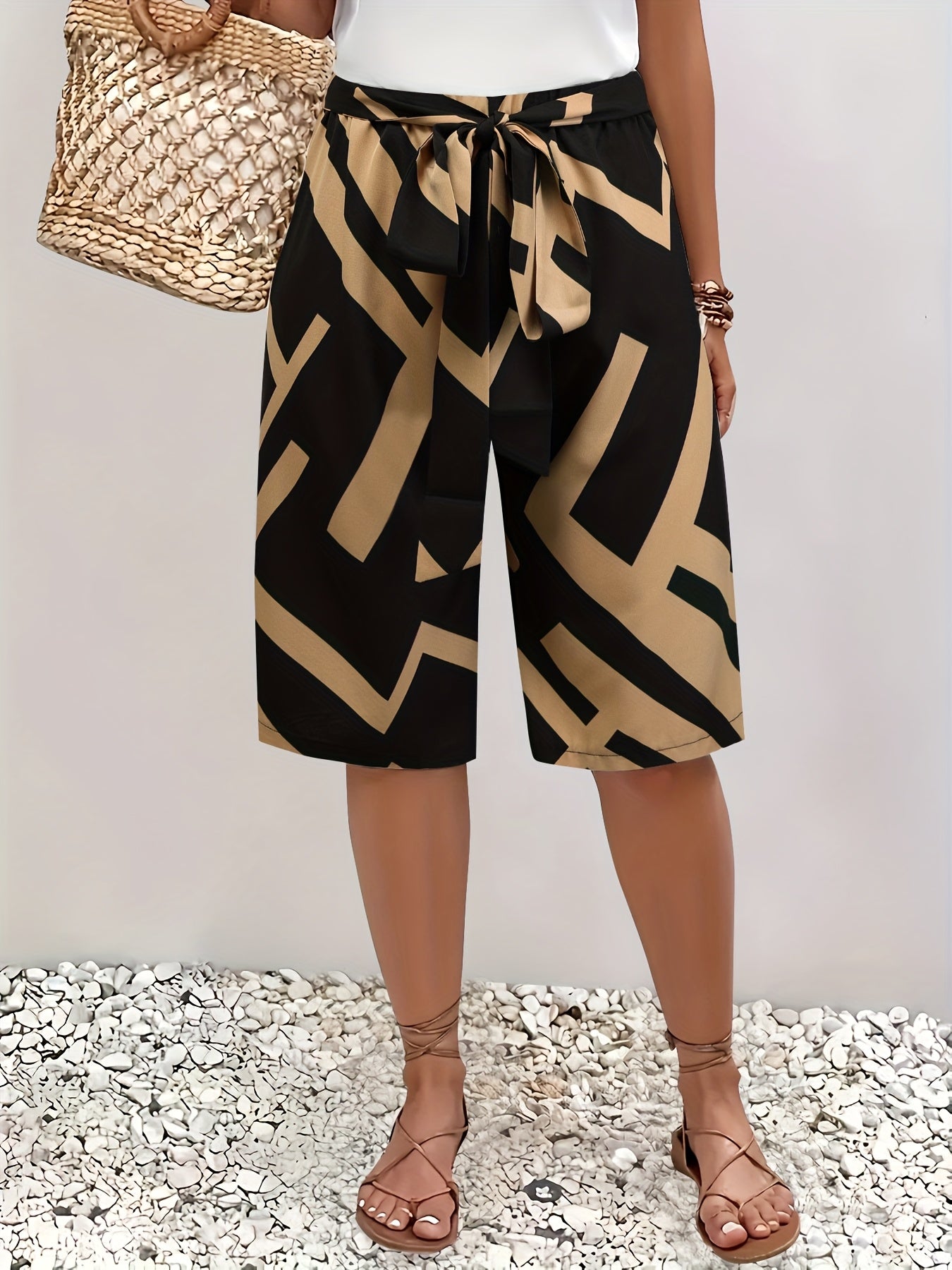 Брюки для женщин больших размеров с геометрическим принтом, повседневные с шнурком, черные с золотым