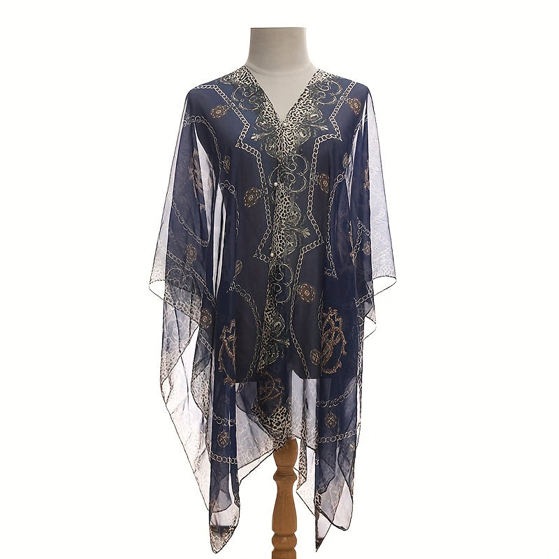 Large Lightweight Imitation Silky Shawl with Letter Chain Stripe Design for Beach and Seaside Travel