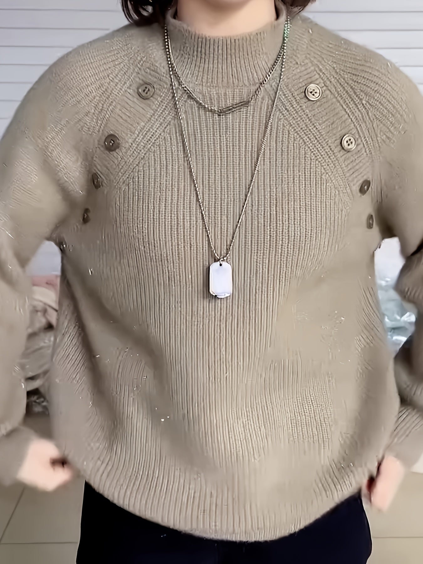 Women's Polyester Crew Neck Sweater with Long Sleeves and Button Details for Fall Winter