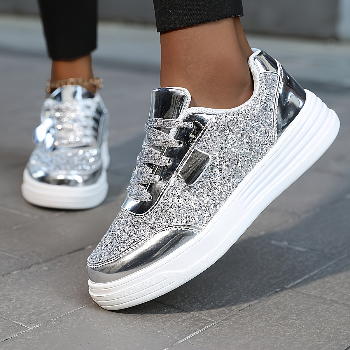 Women's Glittery Sequin Sneakers Gold White Low-Top Casual Skate Shoes