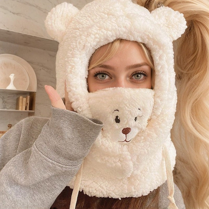 Women's Knitted Polyester Face Scarf Windproof Snowproof Neck Gaiter with Bear Design