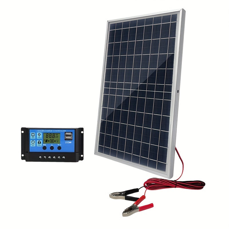 100A nazoratchisi va USB 5V zaryadlovchisi bilan portativ quyosh paneli to'plami RVlar, qayiq, lager, piyoda sayohat, telefonlar, soatlar va uy hayvonlari yotoqlari uchun. Quyosh energiyasi bilan ishlaydi.