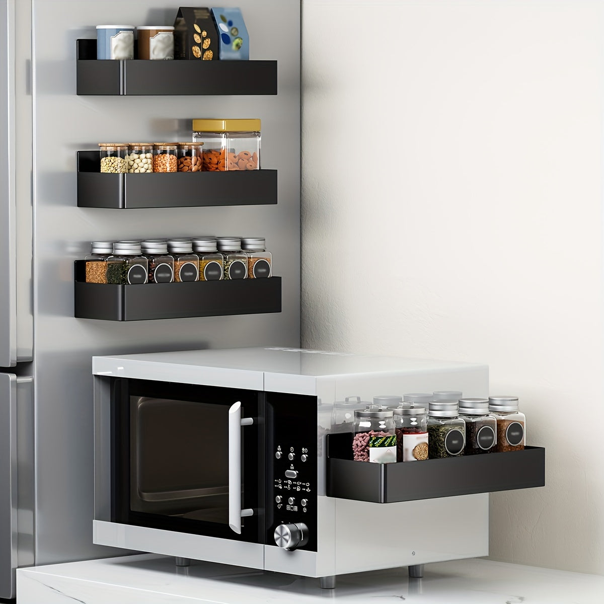 4PCS Magnetic Refrigerator Spice Racks Large Capacity Space-Saving Black