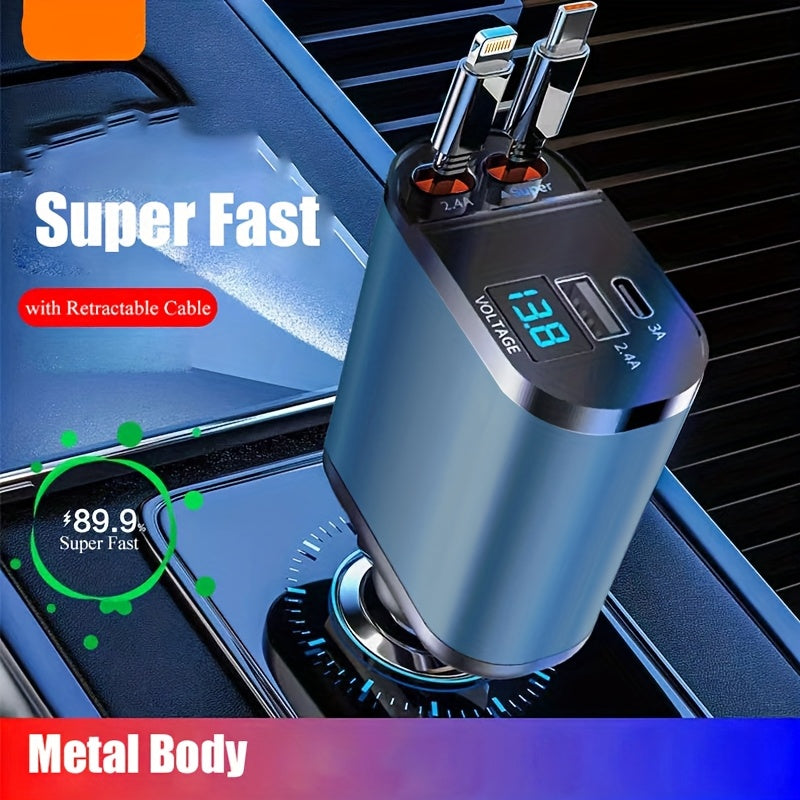 Universal Retractable 66W 4-In-1 Fast Car Charger with USB Ports