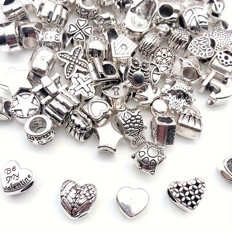 60 piezas de charms de cuentas con gran agujero y grabadas en aleación de zinc para hacer joyería