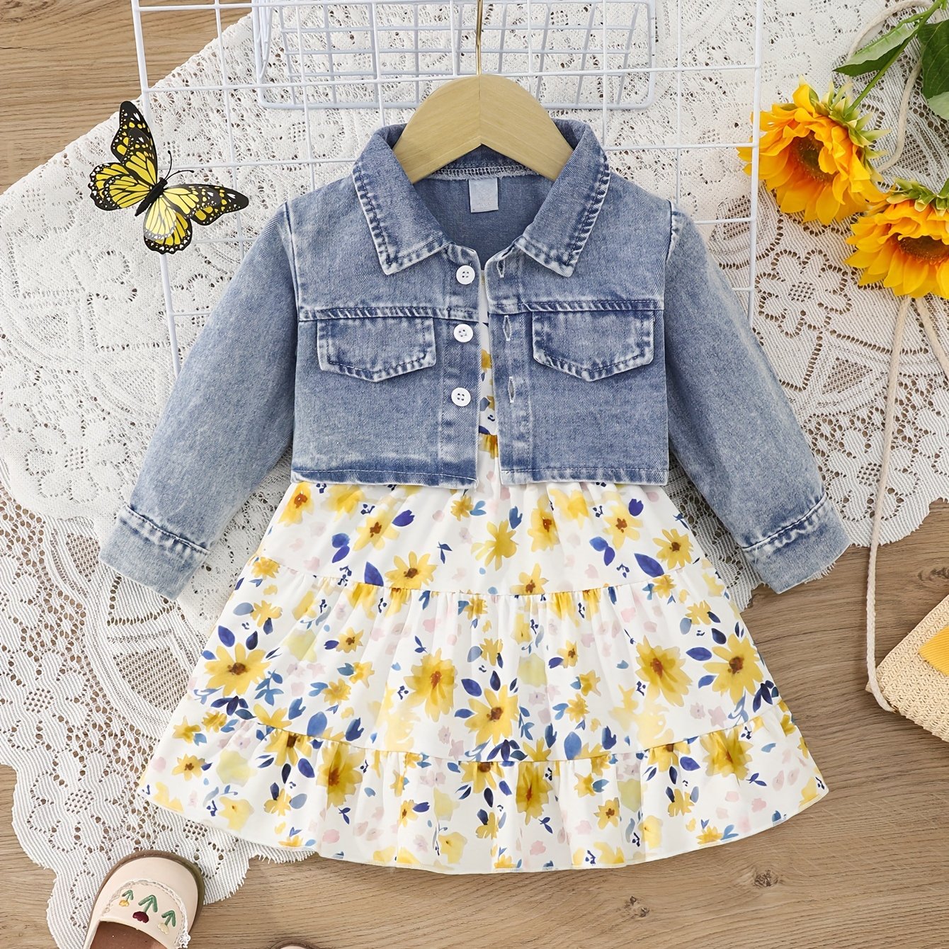 Джинсовая куртка и платье с цветочным принтом для девочек 0-3 лет