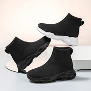 Women's Slip-On High-Top Sneakers Breathable Knit Black White Sole