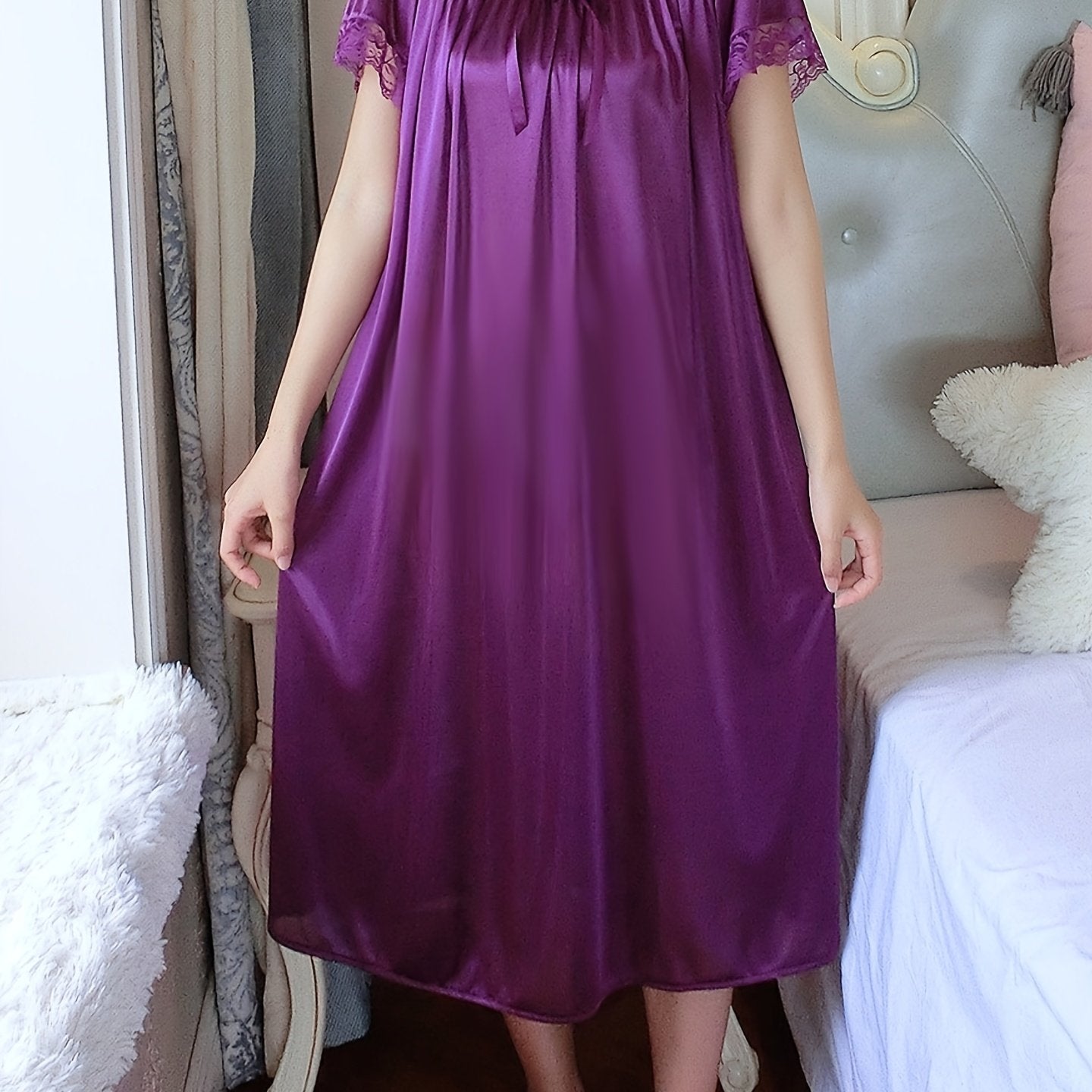 Women's Off-Shoulder Night Dress Short Sleeve Solid Polyester Sleepwear for Spring Summer