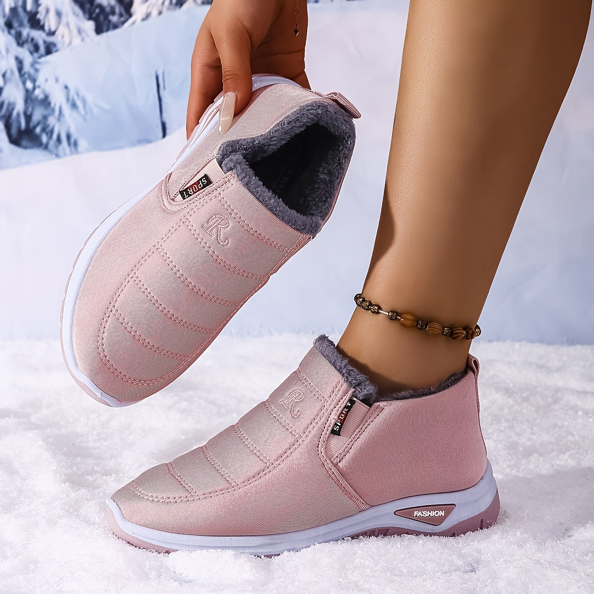 Women's Fleece-Lined Ankle Boots Lightweight Winter Hiking Shoes Black