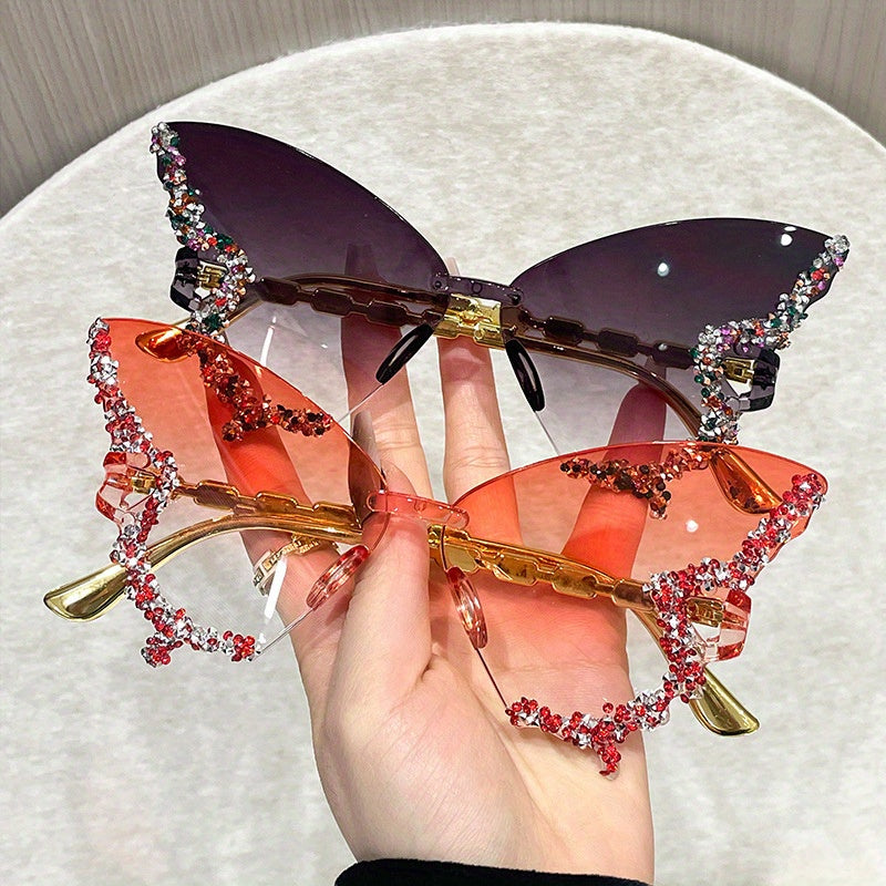 Women's Butterfly-Shaped Rimless Glasses with Rhinestone Accents and Polycarbonate Lenses