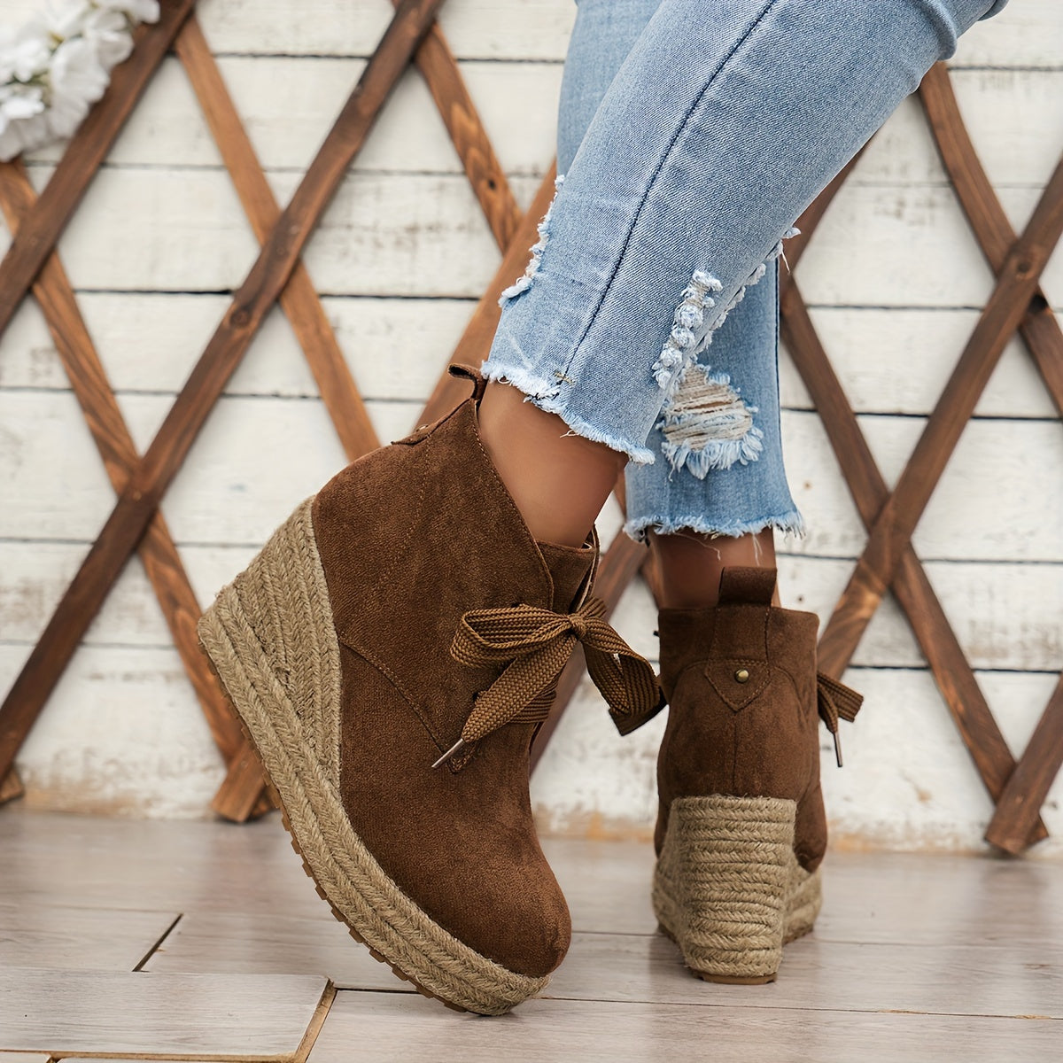 Women's Casual Lace-Up Ankle Boots with Woven Jute Platform Heel