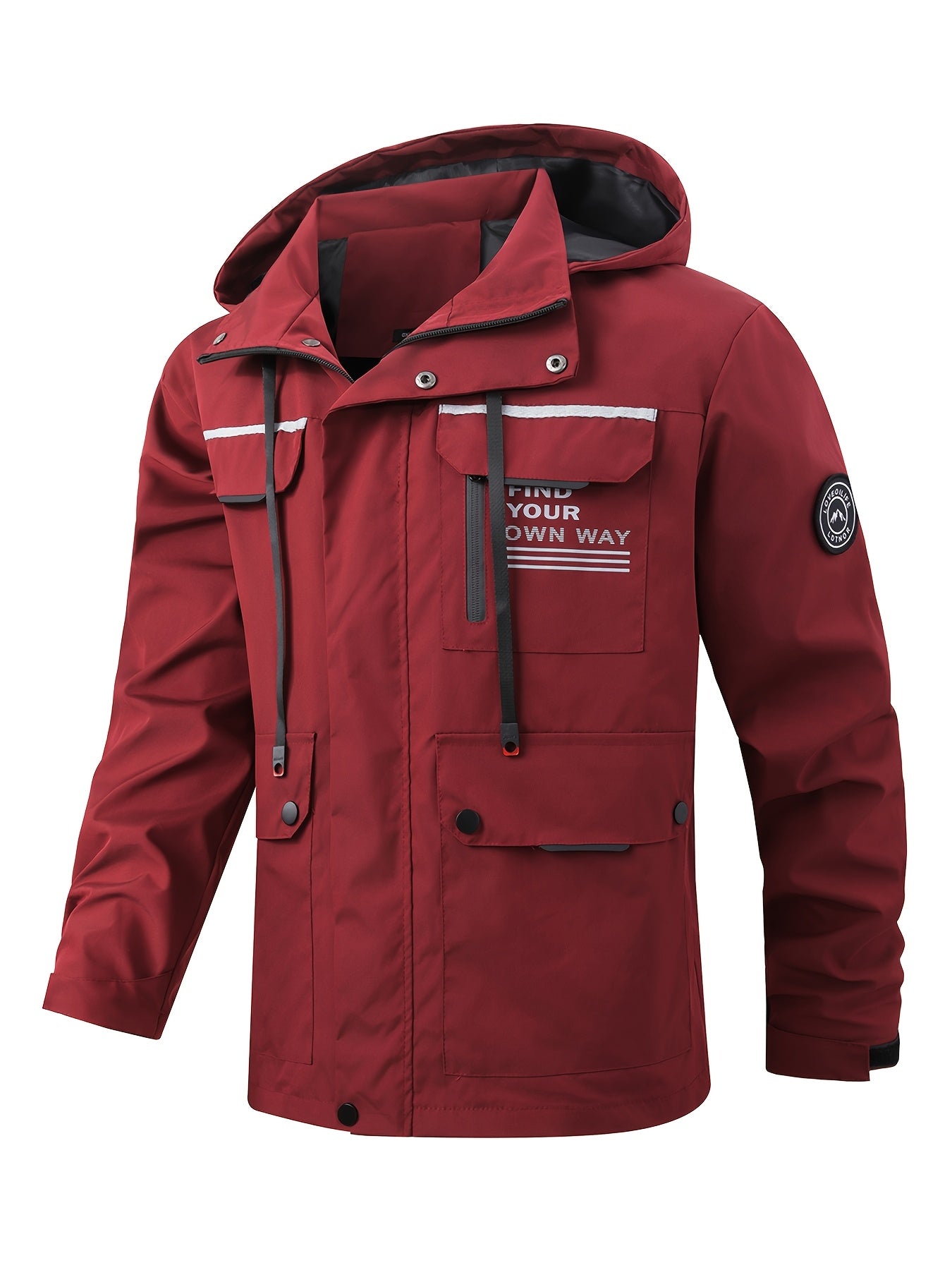 Men's Windproof Outdoor Jacket with Detachable Hood and Multi-Pocket Design Plus Size