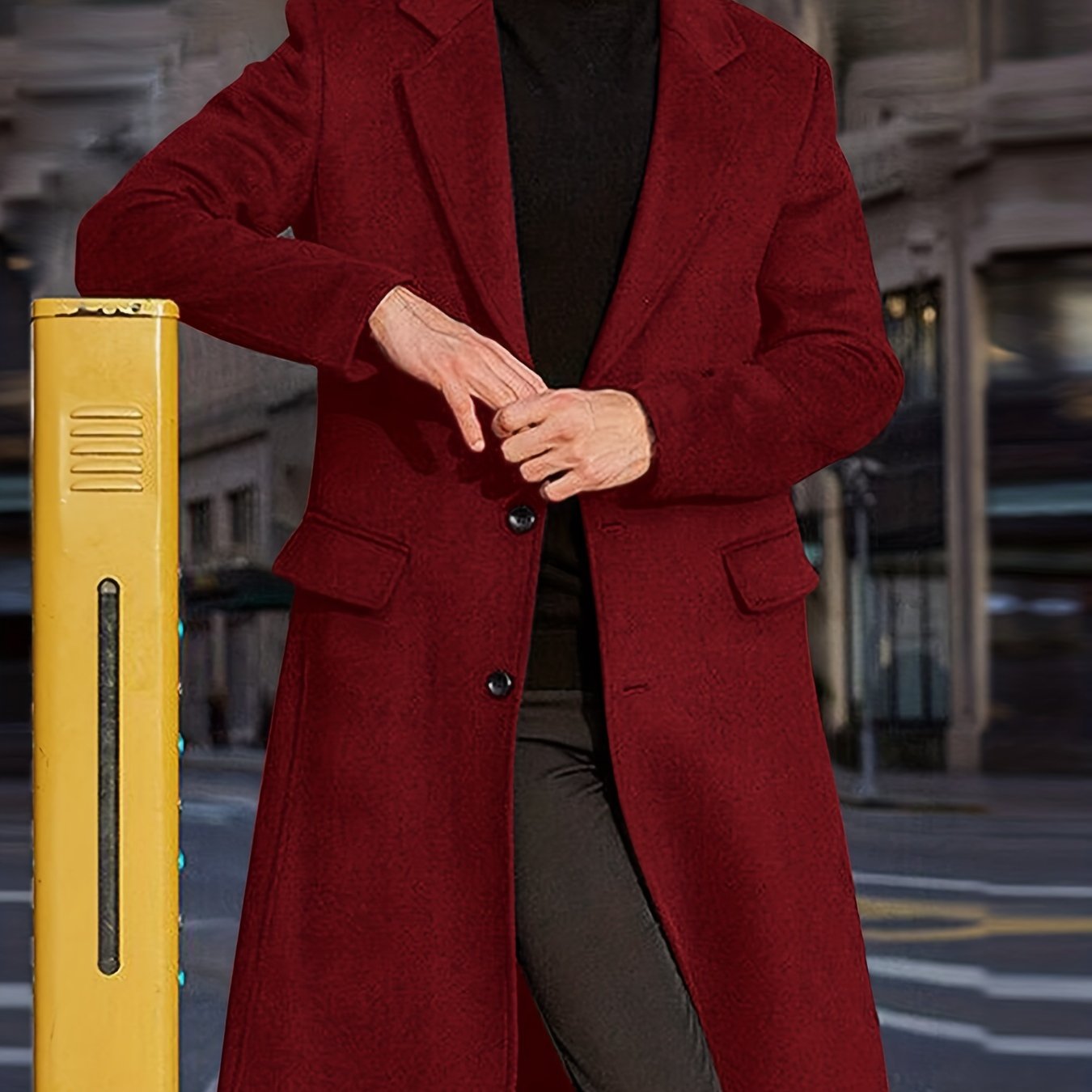 Men's Red Mid-Length Polyester Pea Coat with Single-Breasted Design Pockets and Button Closure for Fall Winter