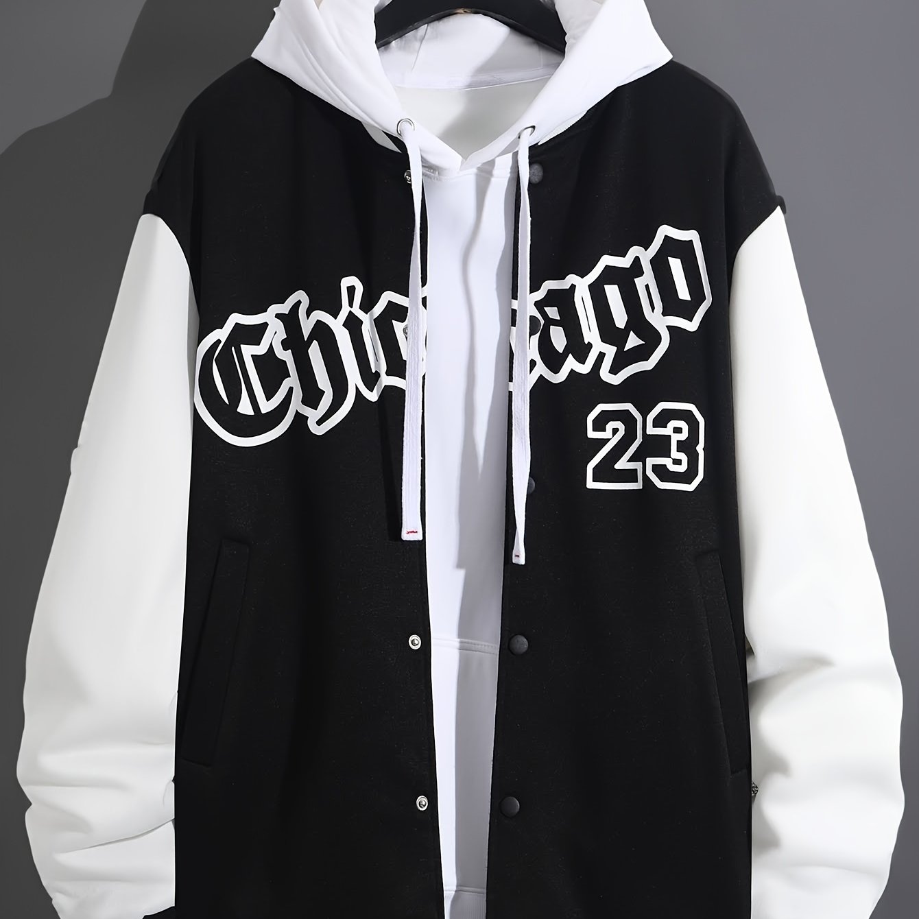 Plus Size Men Baseball Jacket with Band Collar and "CHICAGO" Print for Spring Autumn