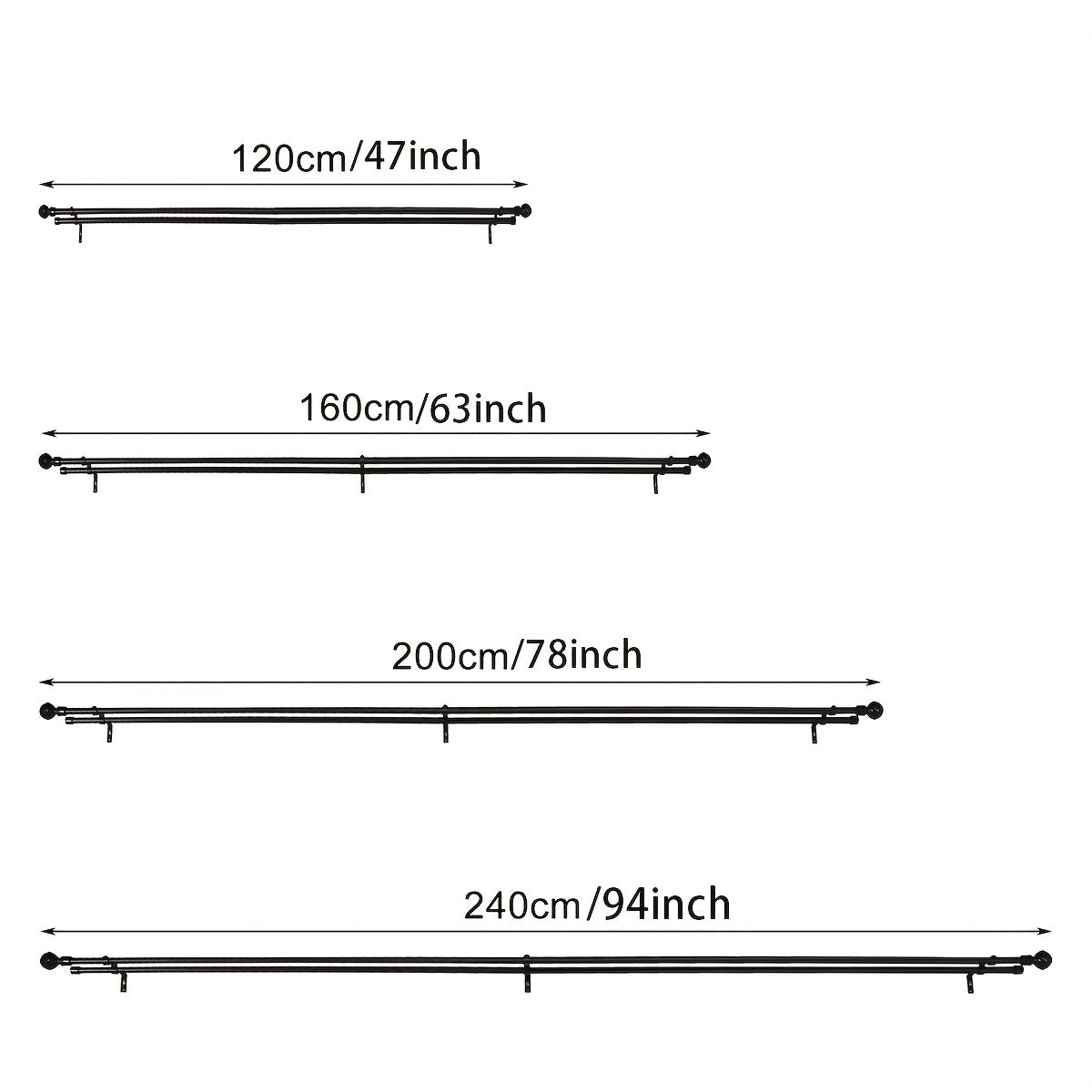 Black Adjustable Dual Curtain Rod Set 16-94 Inches with Hardware and Installation Kit