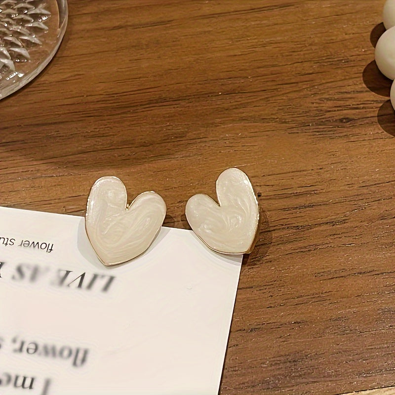 White Enamel Heart-Shaped Stud Earrings with Sterling Silver Post for Daily and Special Occasions