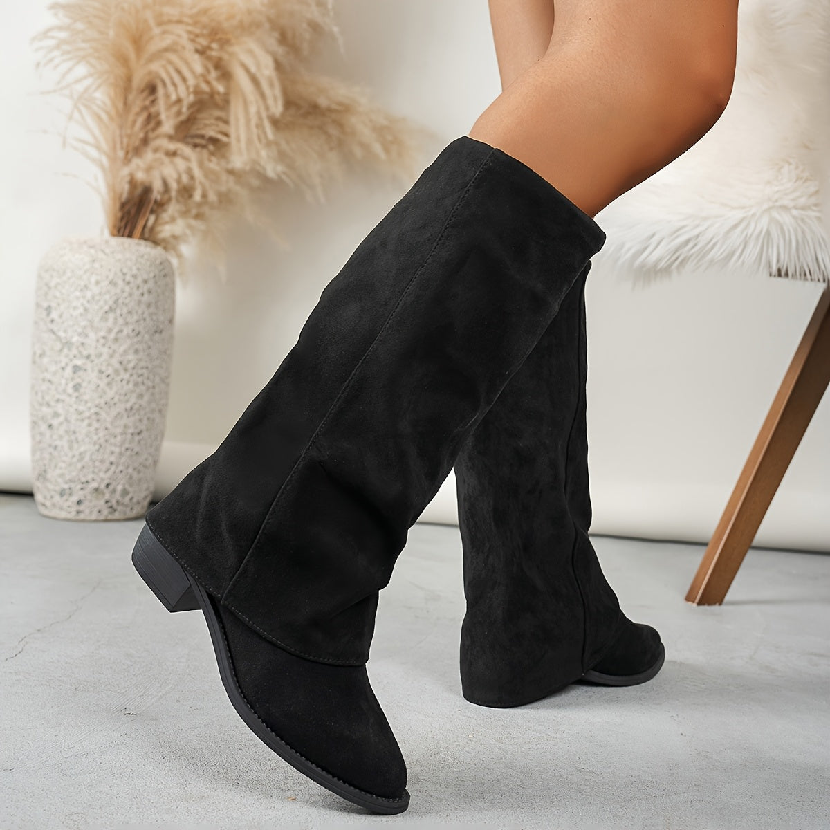 Women's Wide Width Winter Boots Chunky Heel Pointed Toe Ankle to Mid-Calf