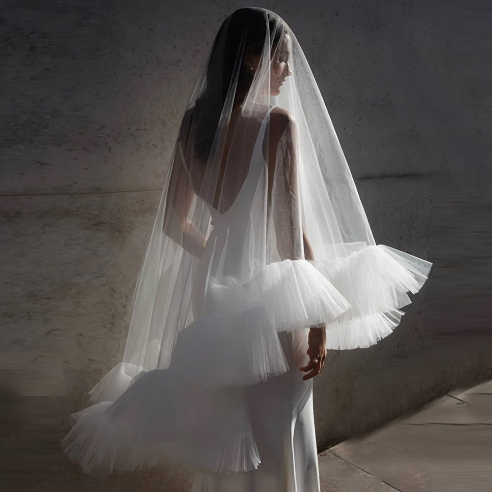 Bridal Veil with Ruffle Edge and Tassel Detail Polyamide Layered Frill Design Hand Washable