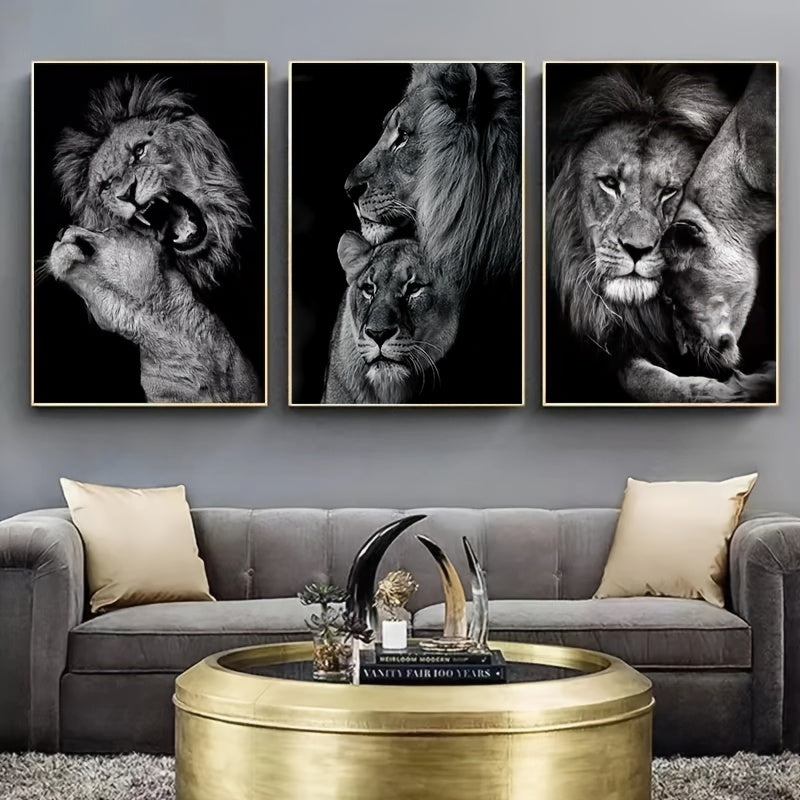 3-Piece Unframed Canvas Wall Art Featuring Modern Lion Family Animal Print for Bedroom Living Room Corridor Decor