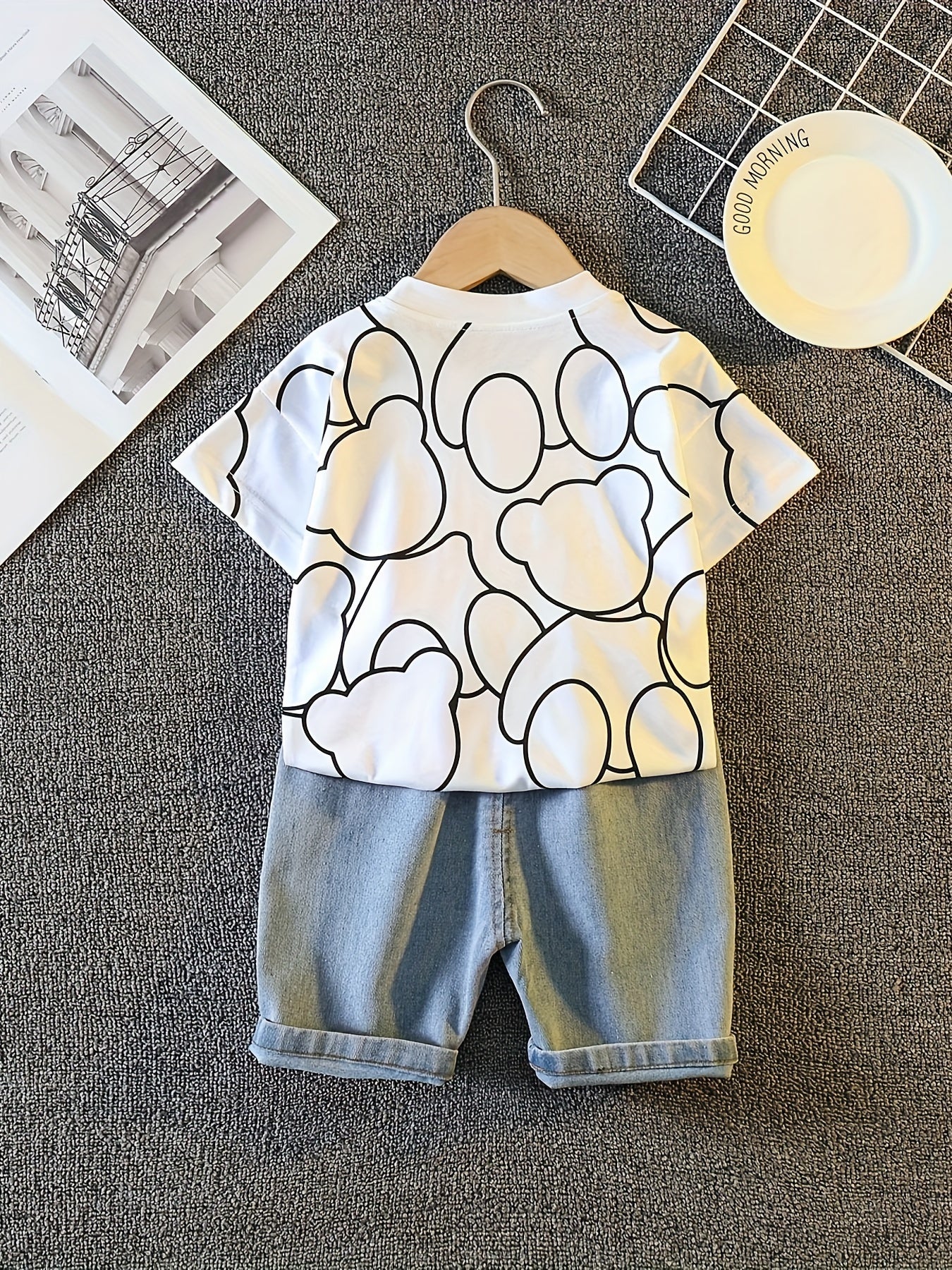 Cartoon Long Sleeve T-Shirt for Kids with Denim Shorts Summer Casual Cotton