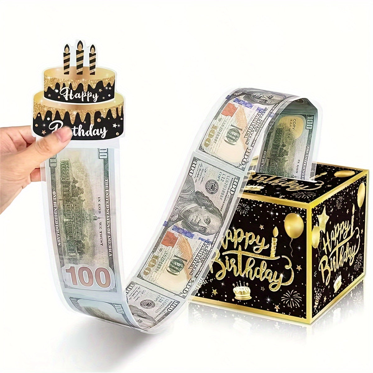 Caja de regalo extraíble para dinero de cumpleaños en negro y dorado con tarjeta de pastel para celebraciones