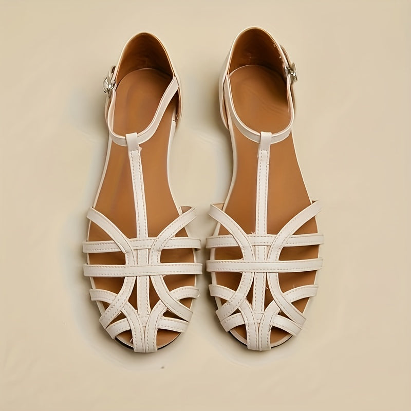 Women’s Beige Synthetic Roman Sandals with Flat Heel and Crisscross Straps