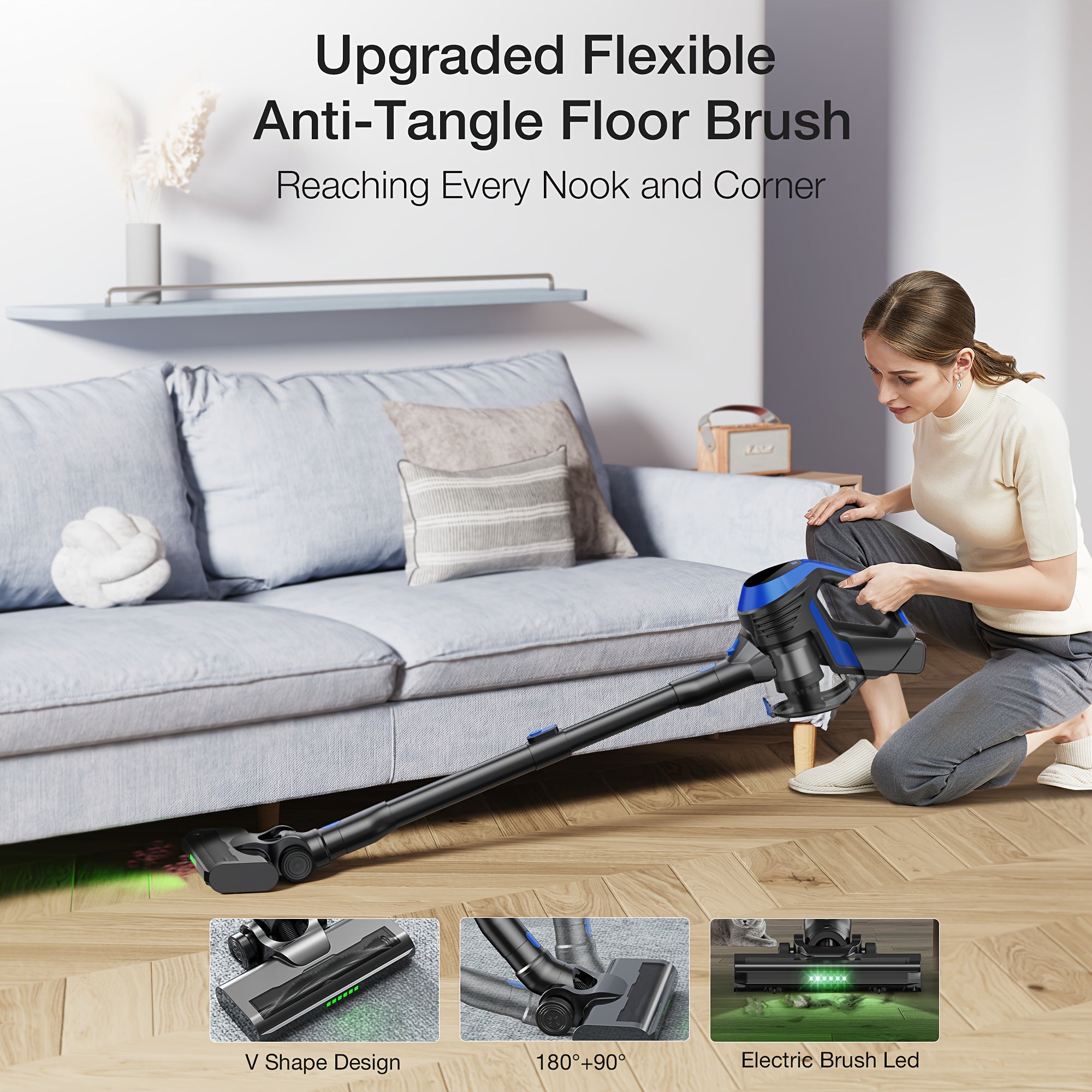 Raqamsiz tayoq changyutgich, raqamli displey bilan, 130W tortish kuchi, qattiq pol va hayvon tuklari uchun