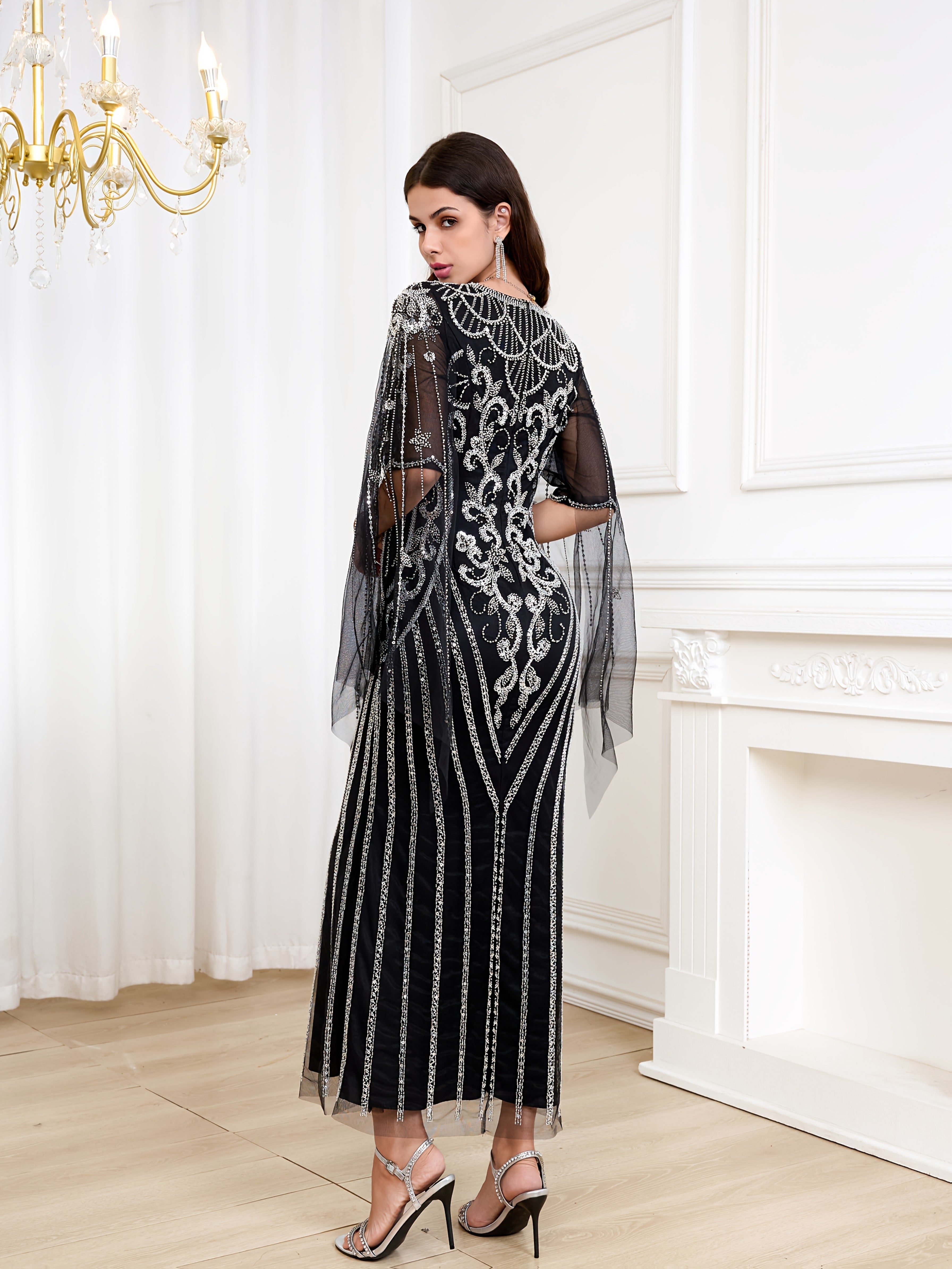 Women's V-Neck Long Dress with Sequin Details for Weddings and Events