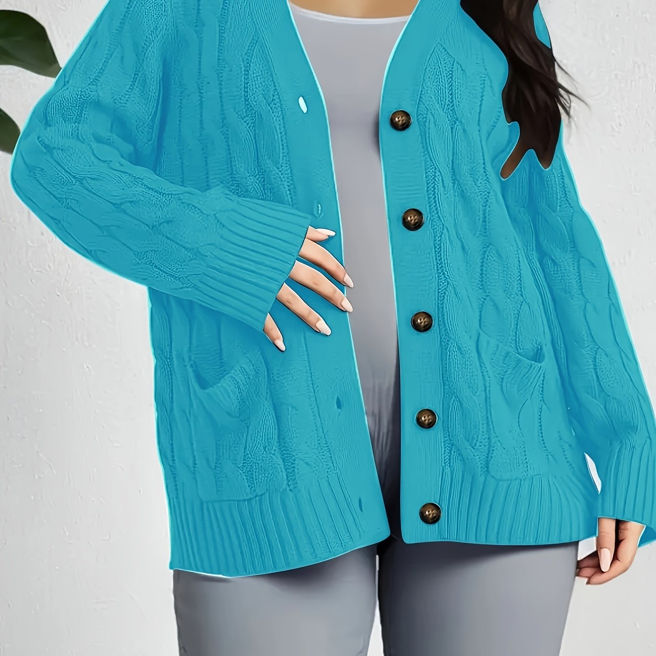 Plus Size Women's Solid Color Cable Knit Open Front Long Sleeve Cardigan