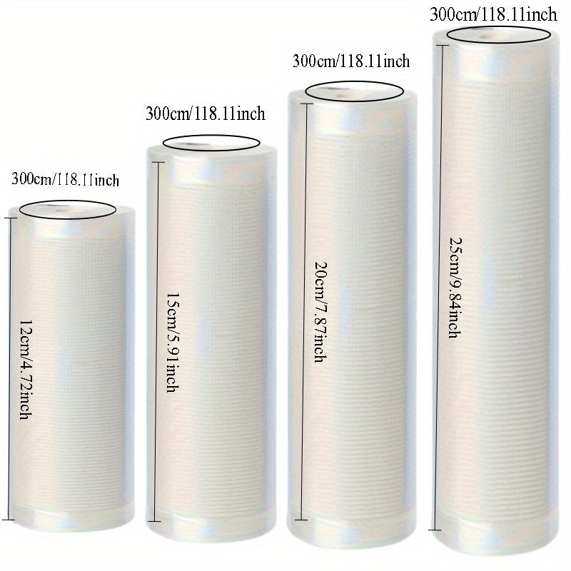 Мешки для вакуумных упаковщиков различных размеров (12/15/20/25 см x 118 дюймов), изготовленные из прочного материала PE+PA. Прозрачные, разрывостойкие и безопасные для продуктов питания. Идеальны для су-видео и хранения в домашней кухне.