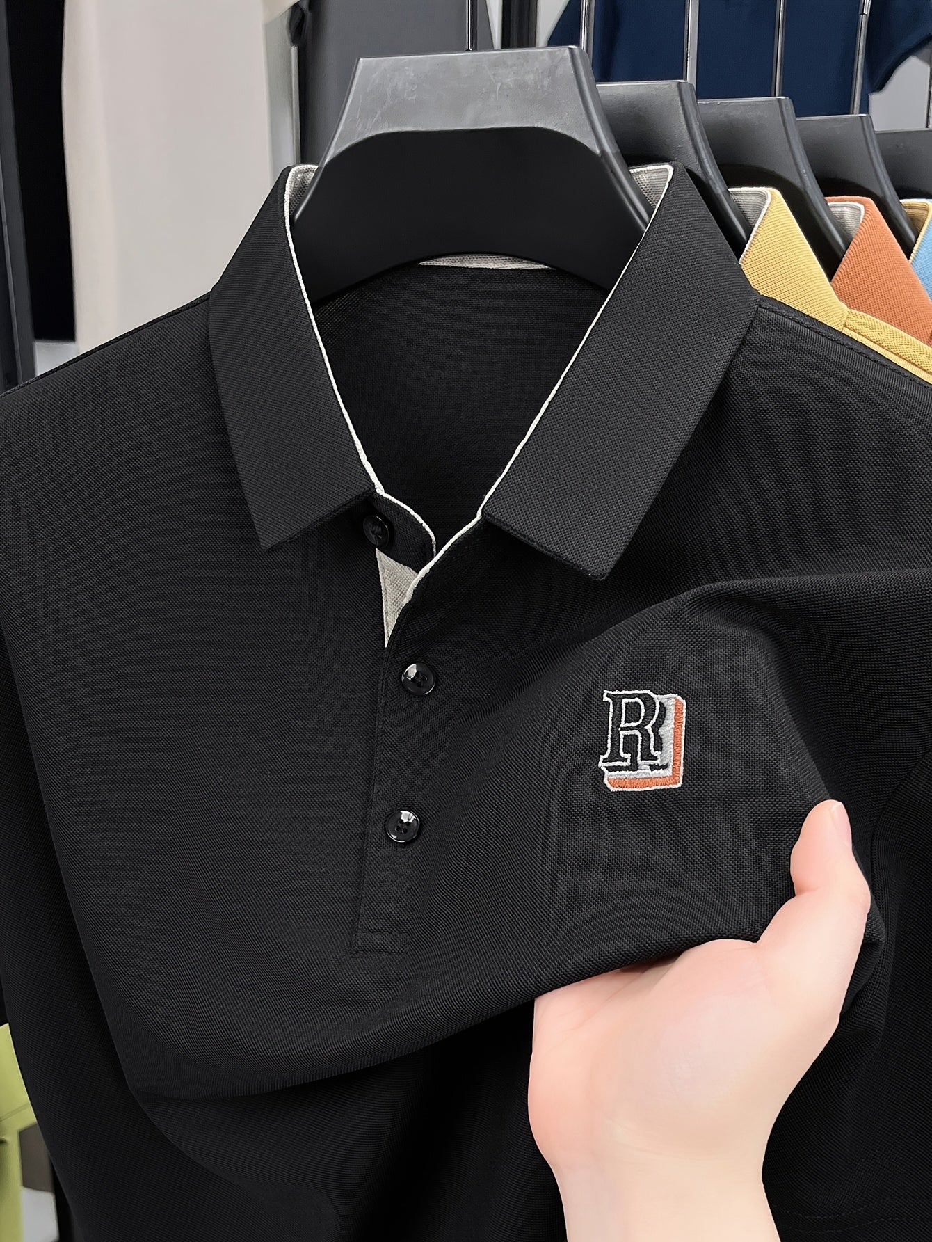 Men's Summer Casual Knitted Shirt Short Sleeve Embroidered Lettering Solid Color Breathable Fabric