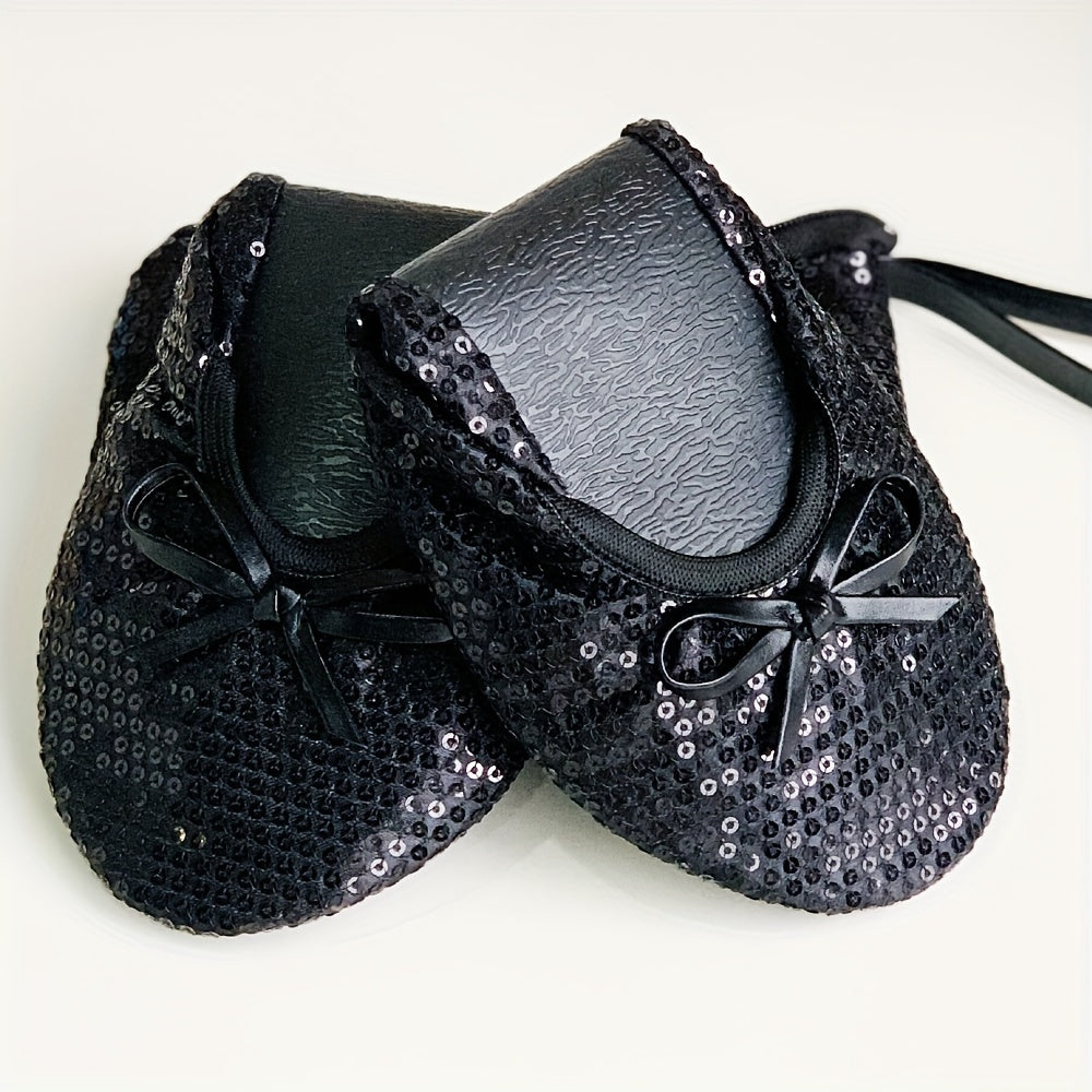 Women's Foldable Portable Travel Ballet Flat Shoes With Sequins and Pouch