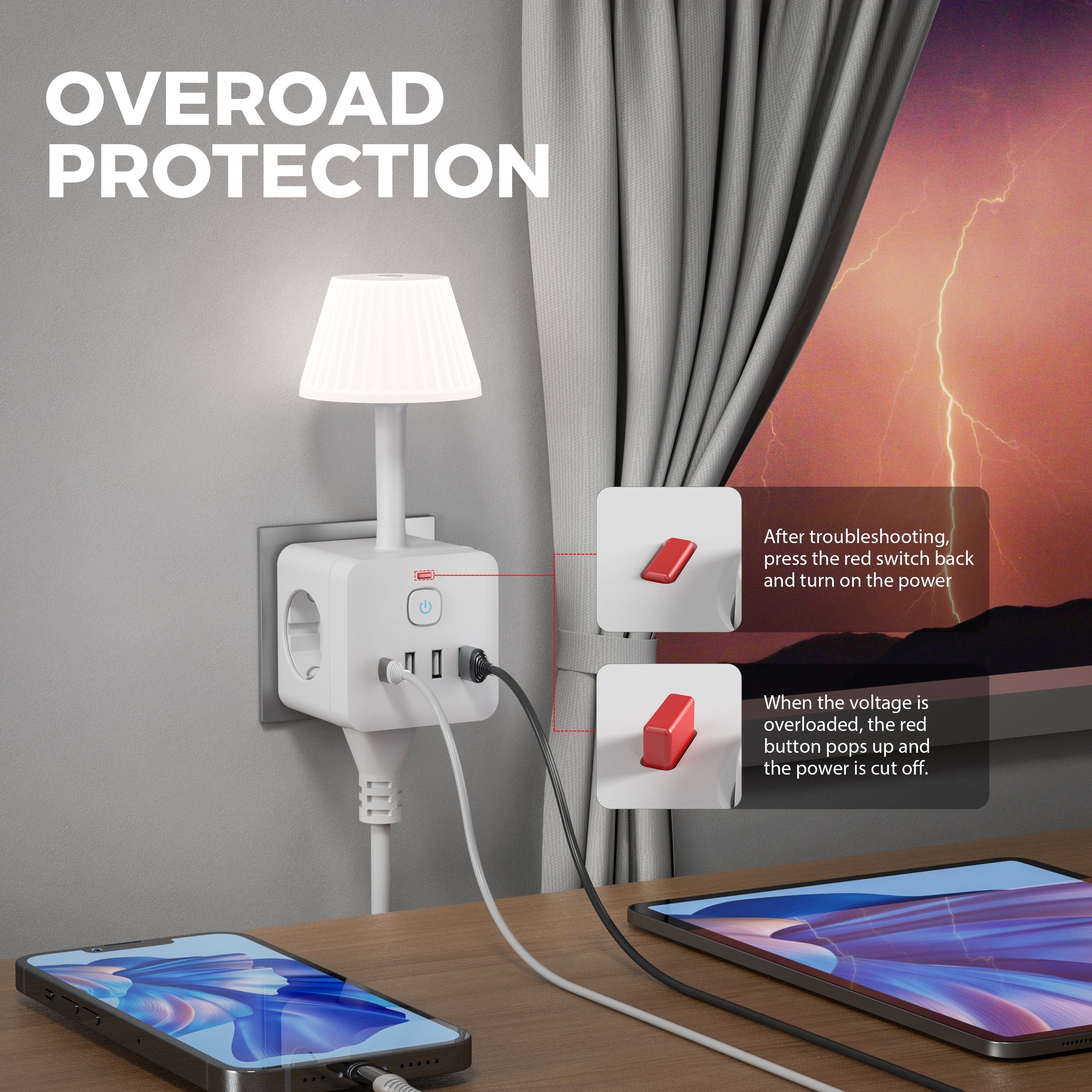 Lámpara de escritorio LED con luz regulable, puertos de carga USB, regleta de alimentación, protección contra sobretensiones, forma de cubo, 220-240V