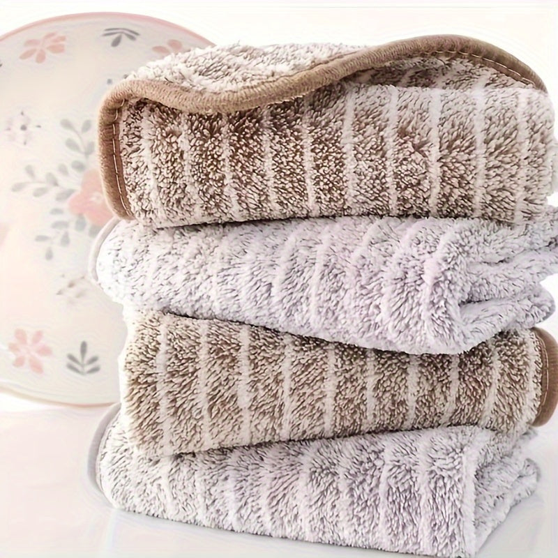 Set of 4 Bamboo Charcoal Striped Kitchen Towels Highly Absorbent Non-Oil Cleaning