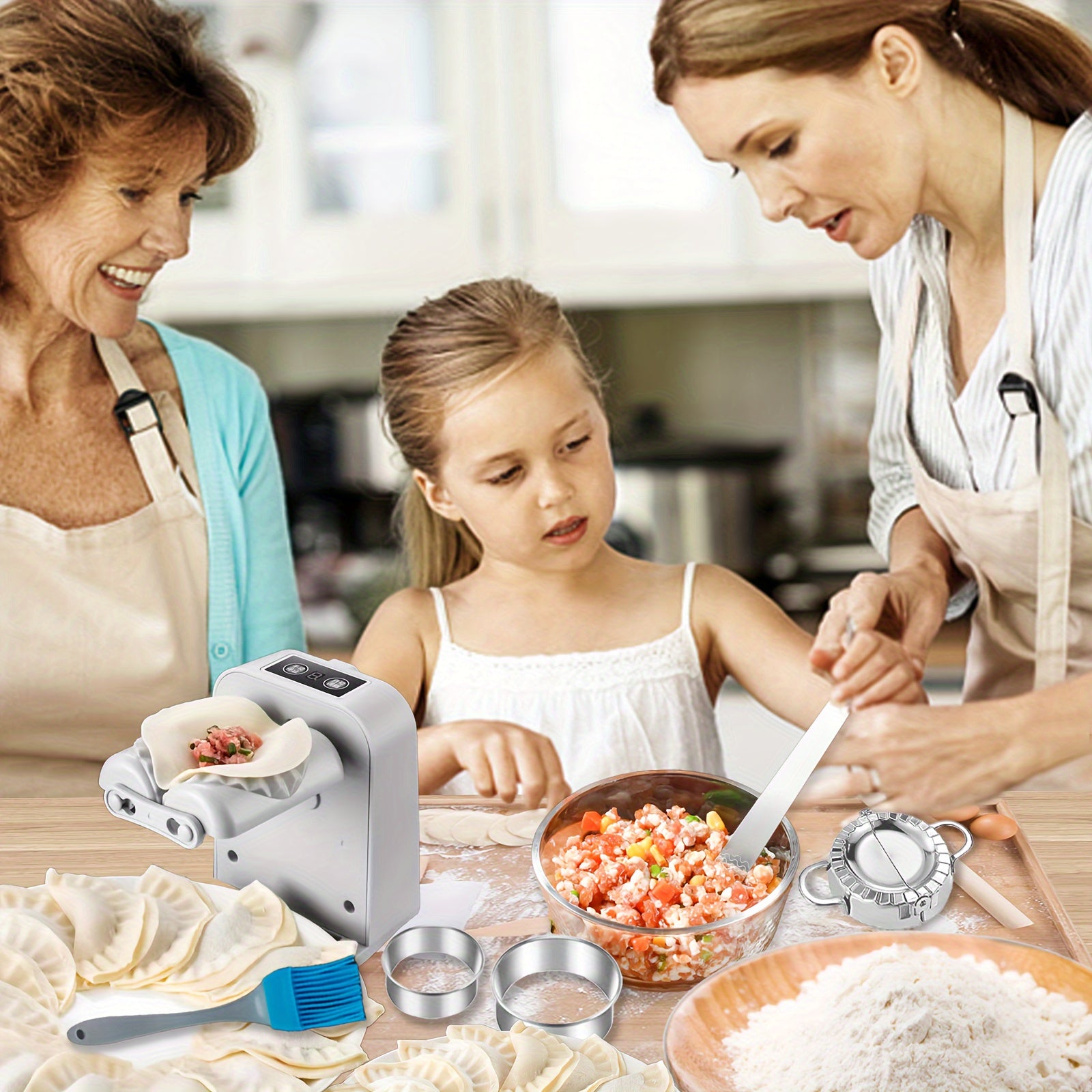 Electric Single-Head Dumpling Machine for Home Use with 2 Modes, Rechargeable, Includes Filling Roller, Press, Cutter, Spoon, Brush